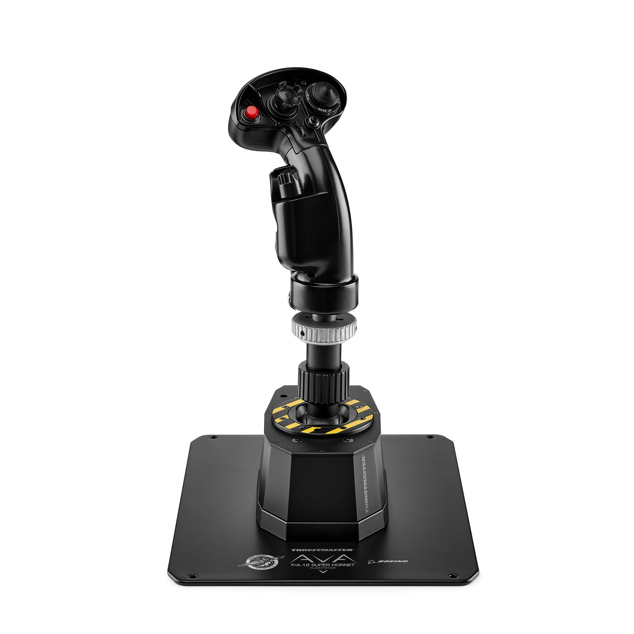 Black flight stick with red button and base, on white background.