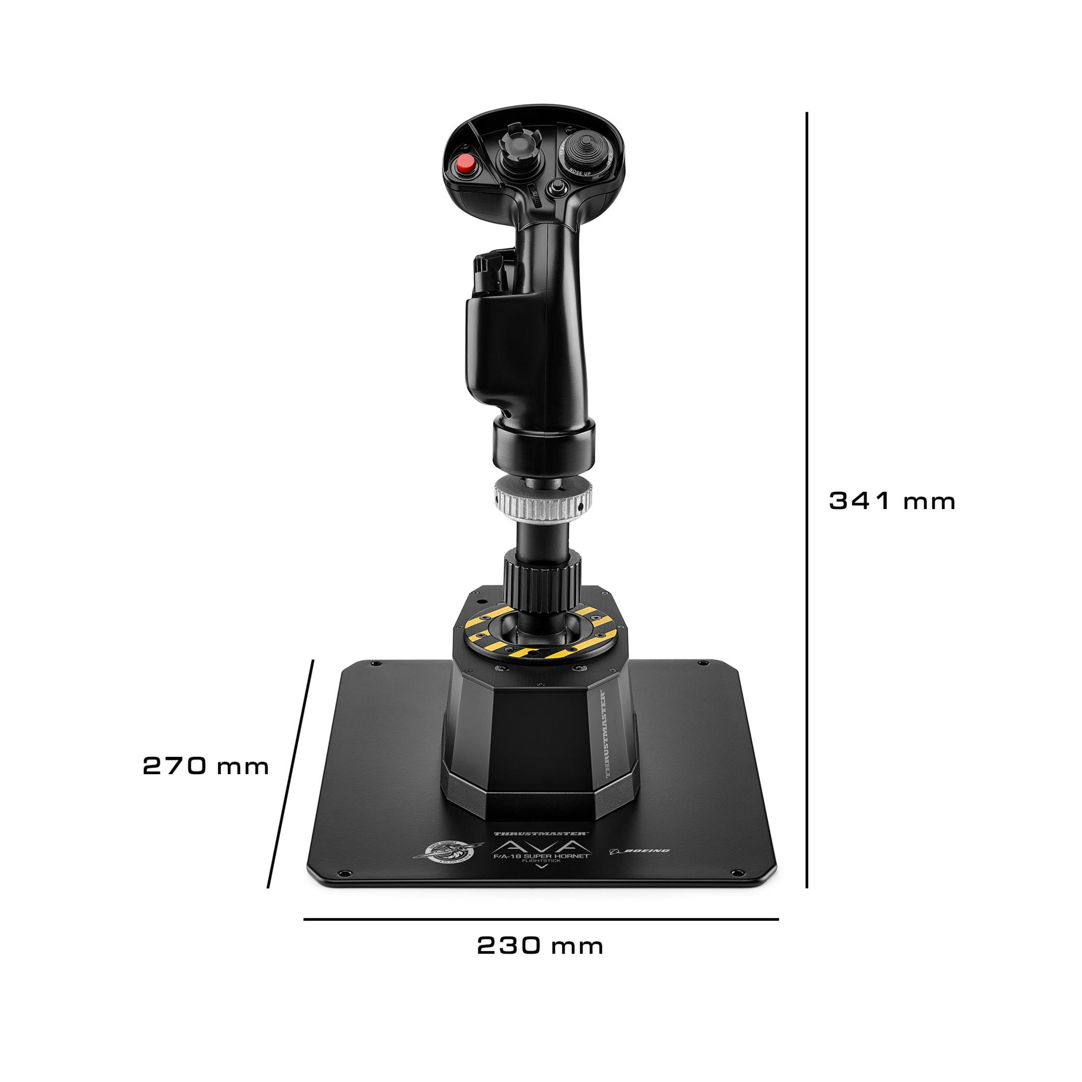 Black joystick with a red button, on a black base with measurements.