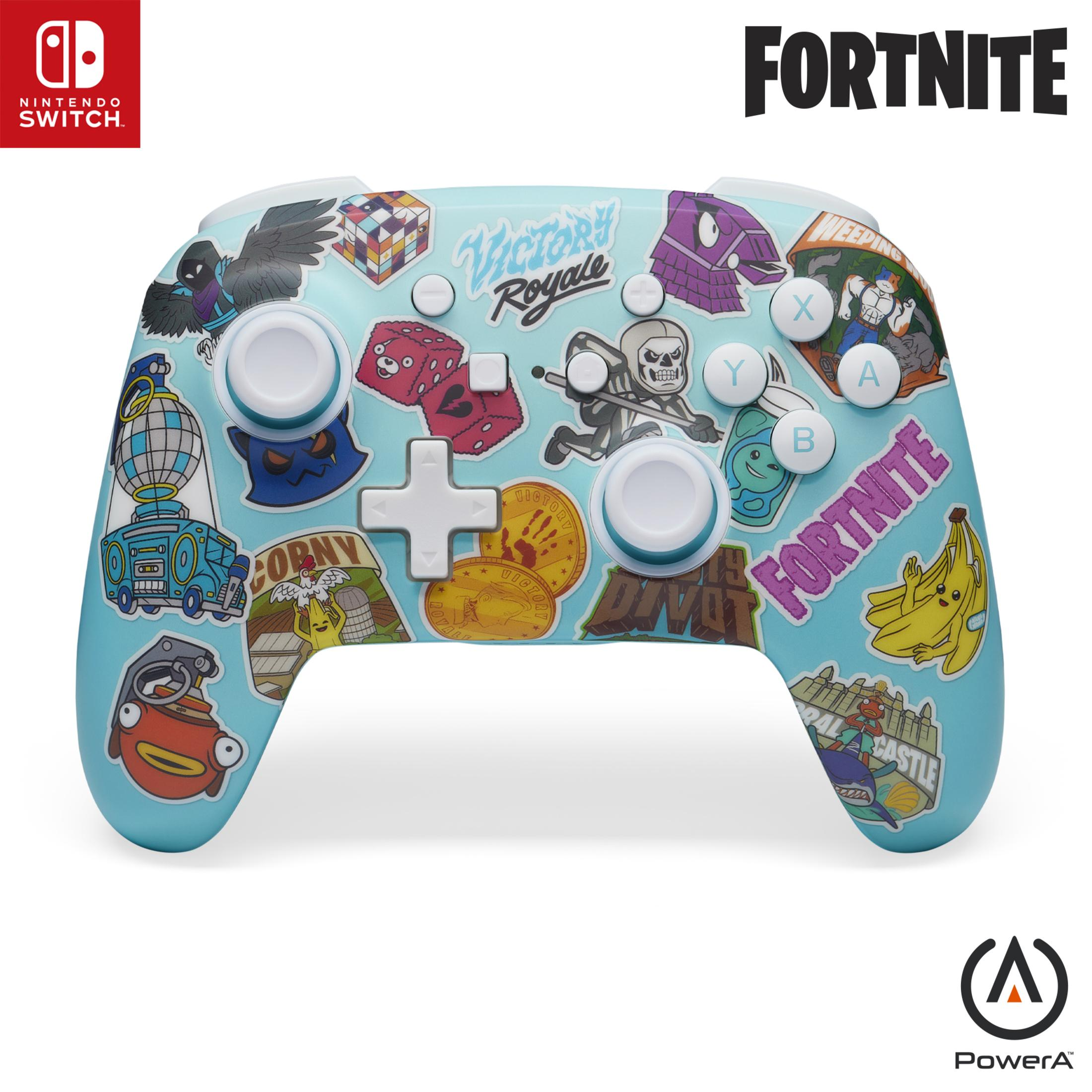 Kontroler Fortnite Switch, niebieski z postaciami z gry, logo i przyciskami.