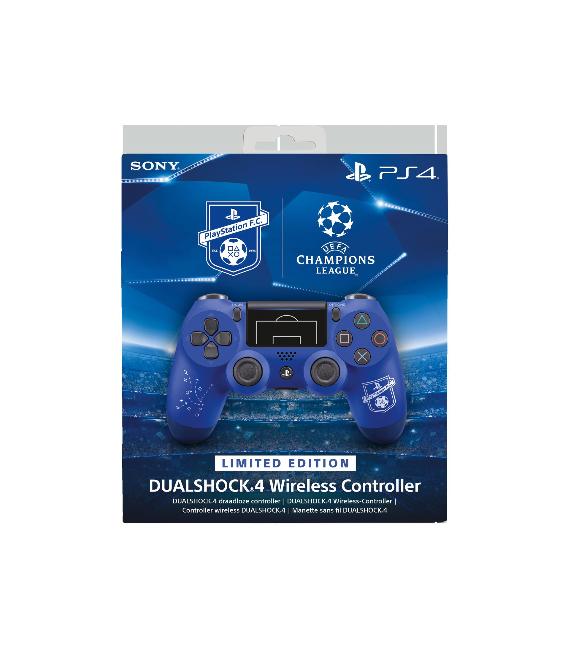Boîte de manette PlayStation 4 bleue. Elle a une étiquette édition limitée et le logo Playstation FC.