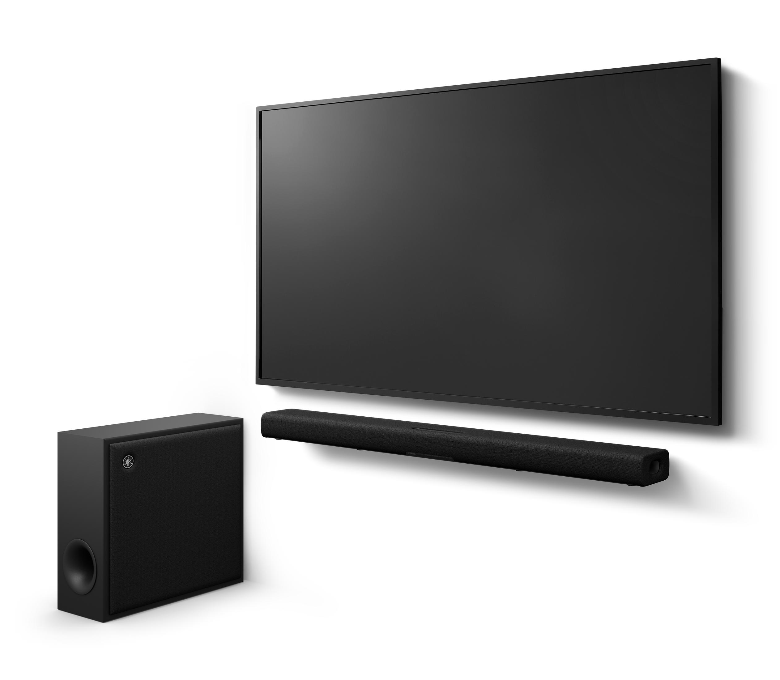 Ein schwarzer Fernseher, eine Soundbar und ein Subwoofer auf weißem Hintergrund. Die Soundbar unter dem TV.