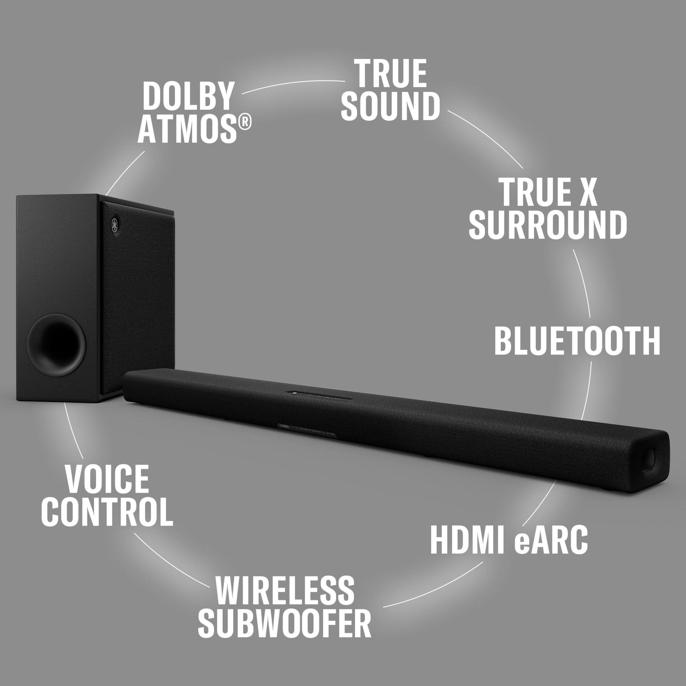 Schwarze Soundbar und Subwoofer mit Text: Dolby Atmos, True Sound, Wireless Subwoofer, Bluetooth.