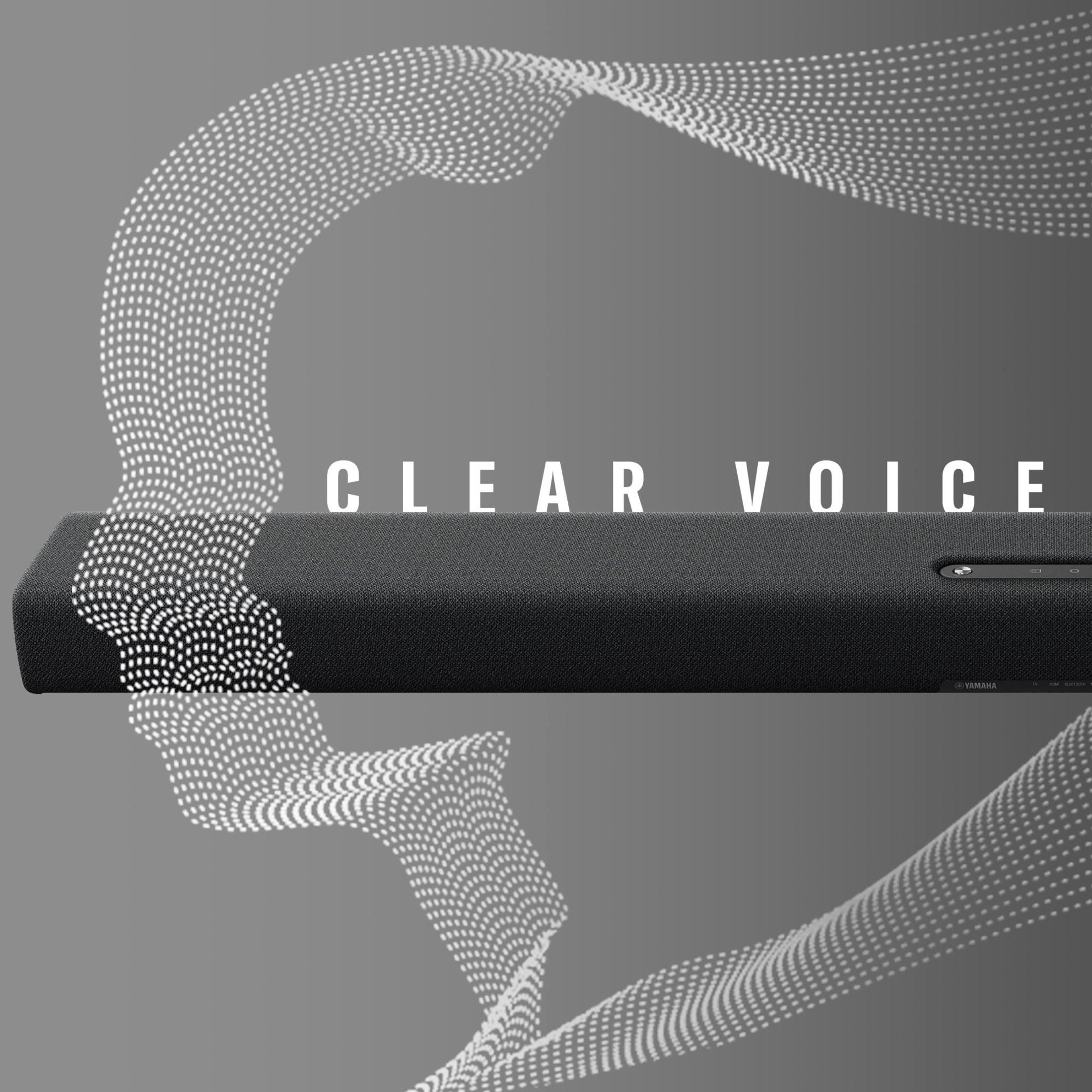 Schwarze Soundbar mit weißem Text 'CLEAR VOICE'.