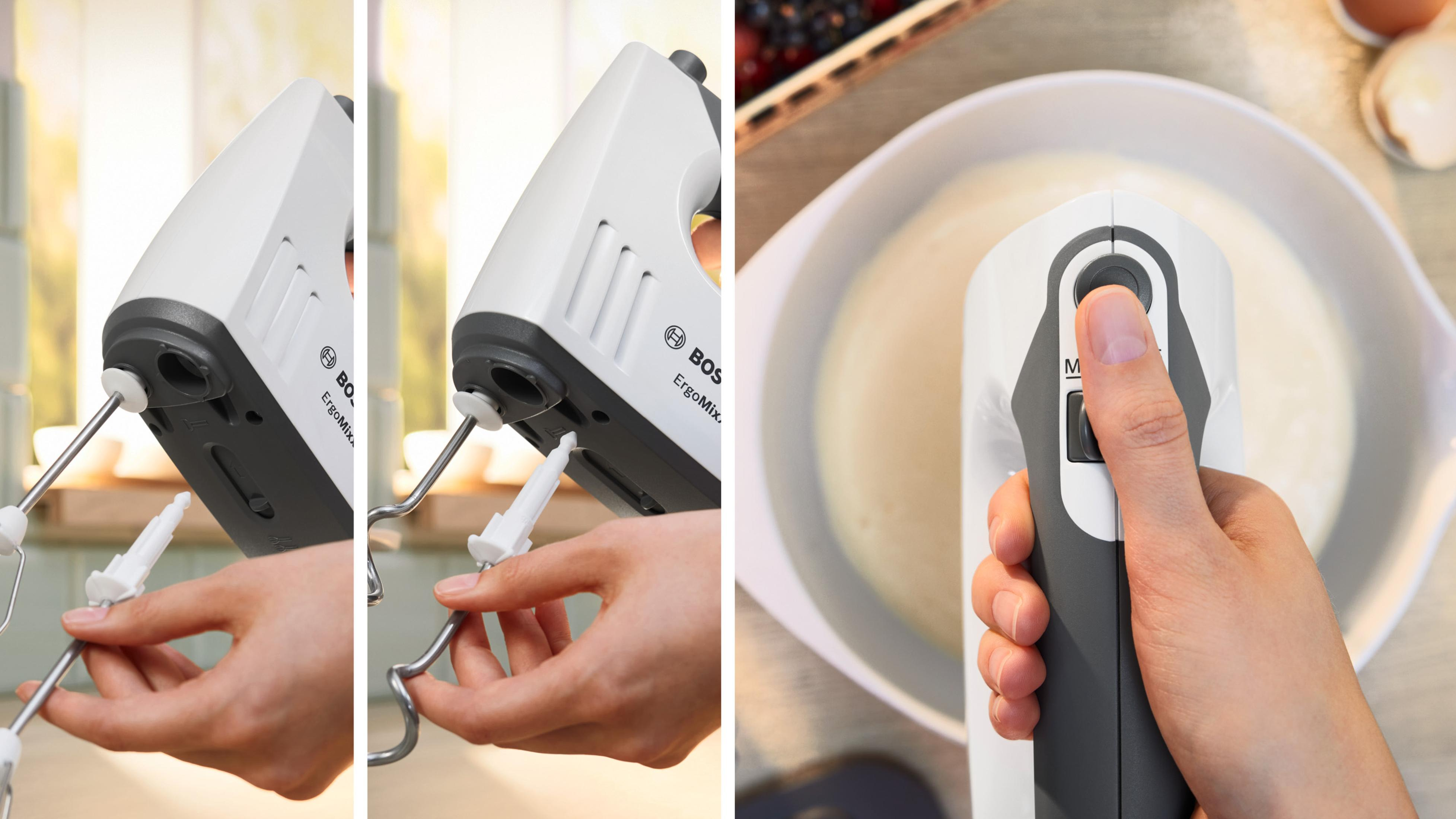 Bosch ErgoMix el mikseri, eklentiler ve bir elin düğmeye basması.