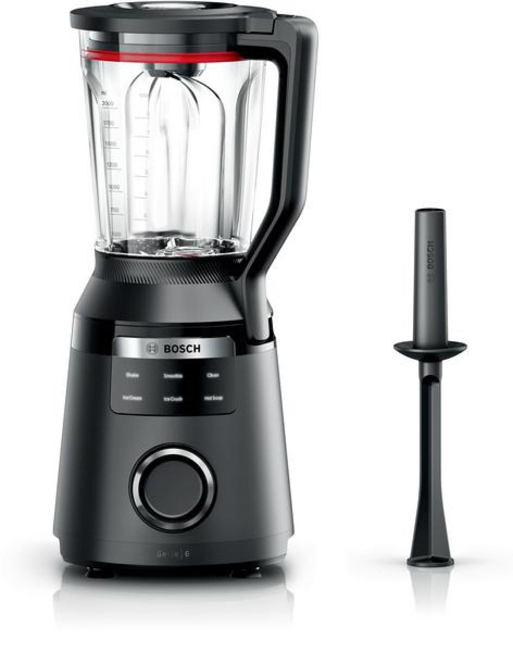 Frullatore Bosch nero con caraffa in vetro e pressino nero separato. Il frullatore ha pulsanti funzione.