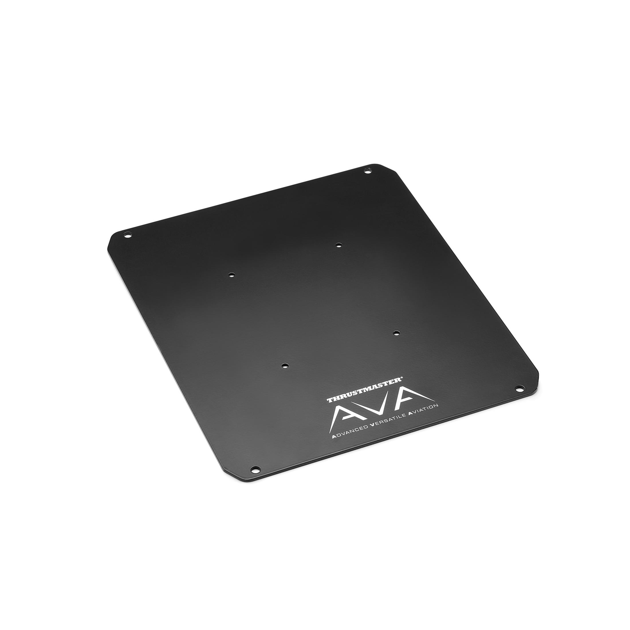 Schwarze Metallplatte mit THRUSTMASTER AVA-Logo und Löchern, auf weißem Hintergrund.