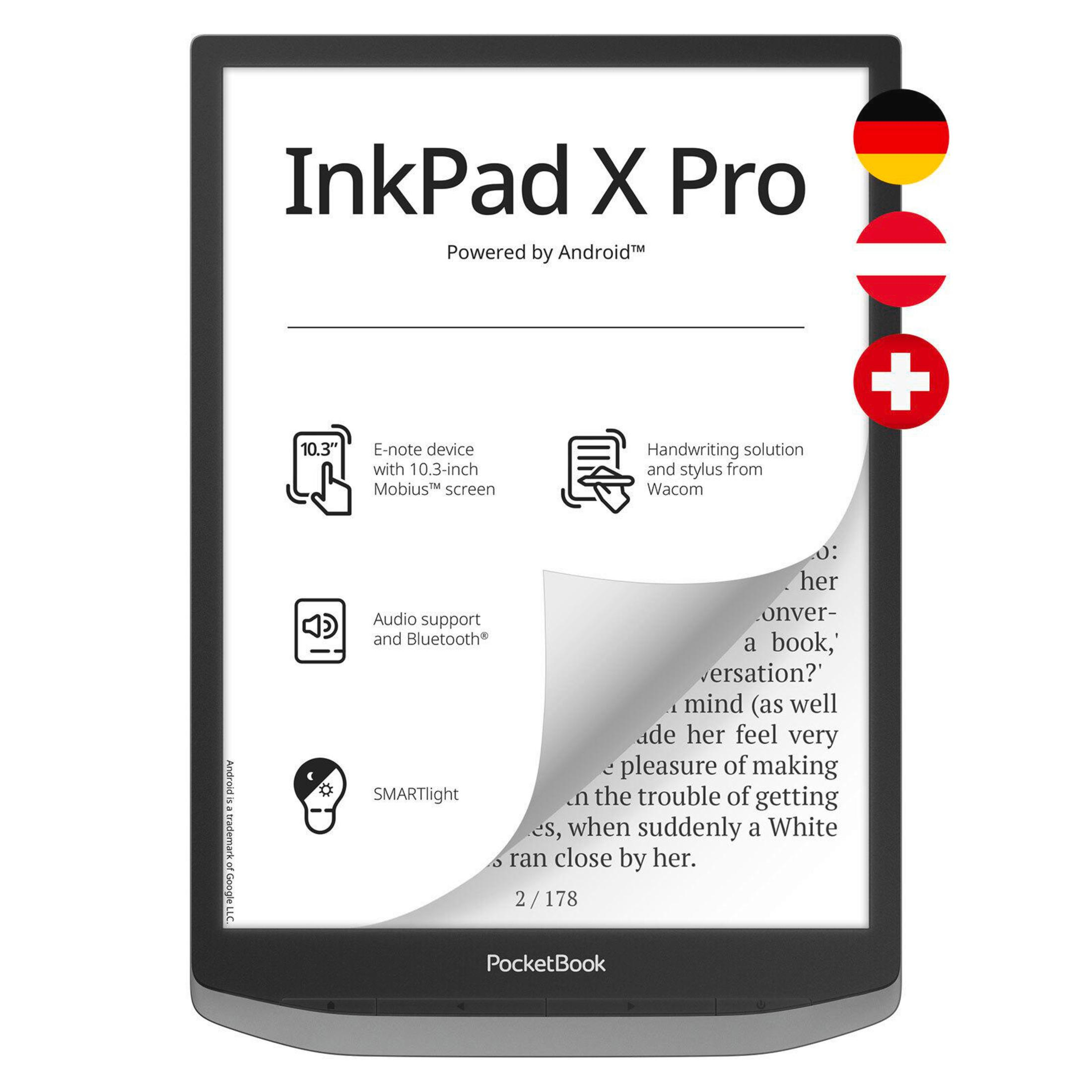 Czarny i szary czytnik e-booków z ekranem wyświetlającym tekst. Flagi Niemiec, Austrii i Szwajcarii na górze.