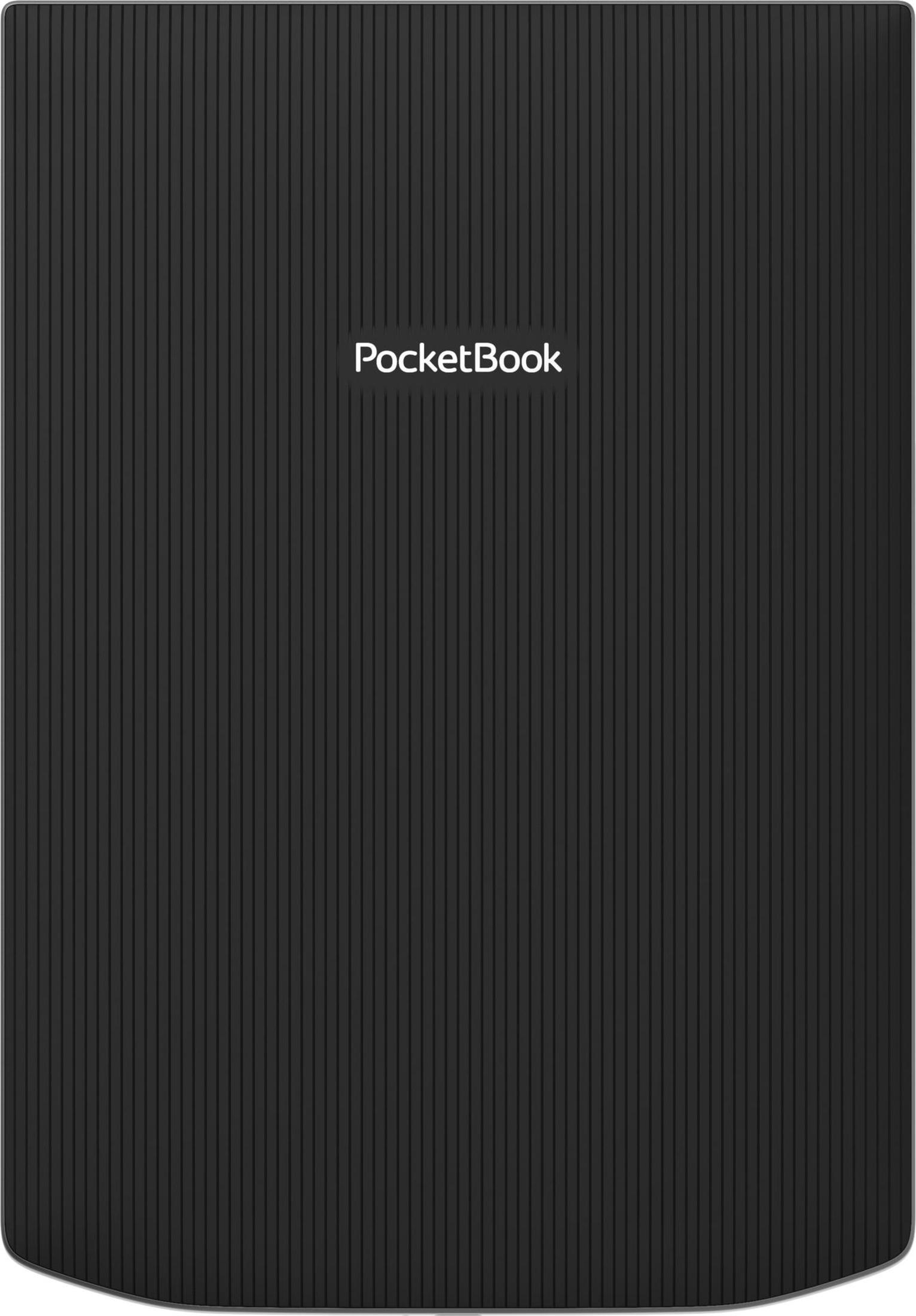 Czarny, teksturowany czytnik PocketBook z nazwą marki w kolorze białym.