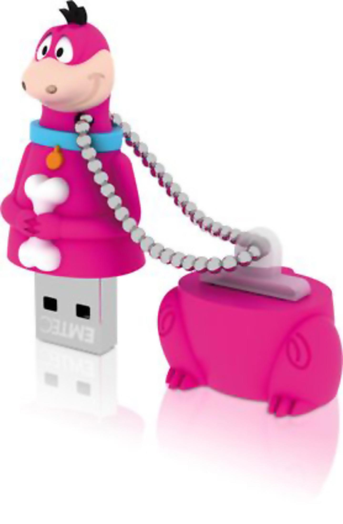 Rosa Cartoon-USB-Stick in Form eines Dinosauriers mit silberner Kette.