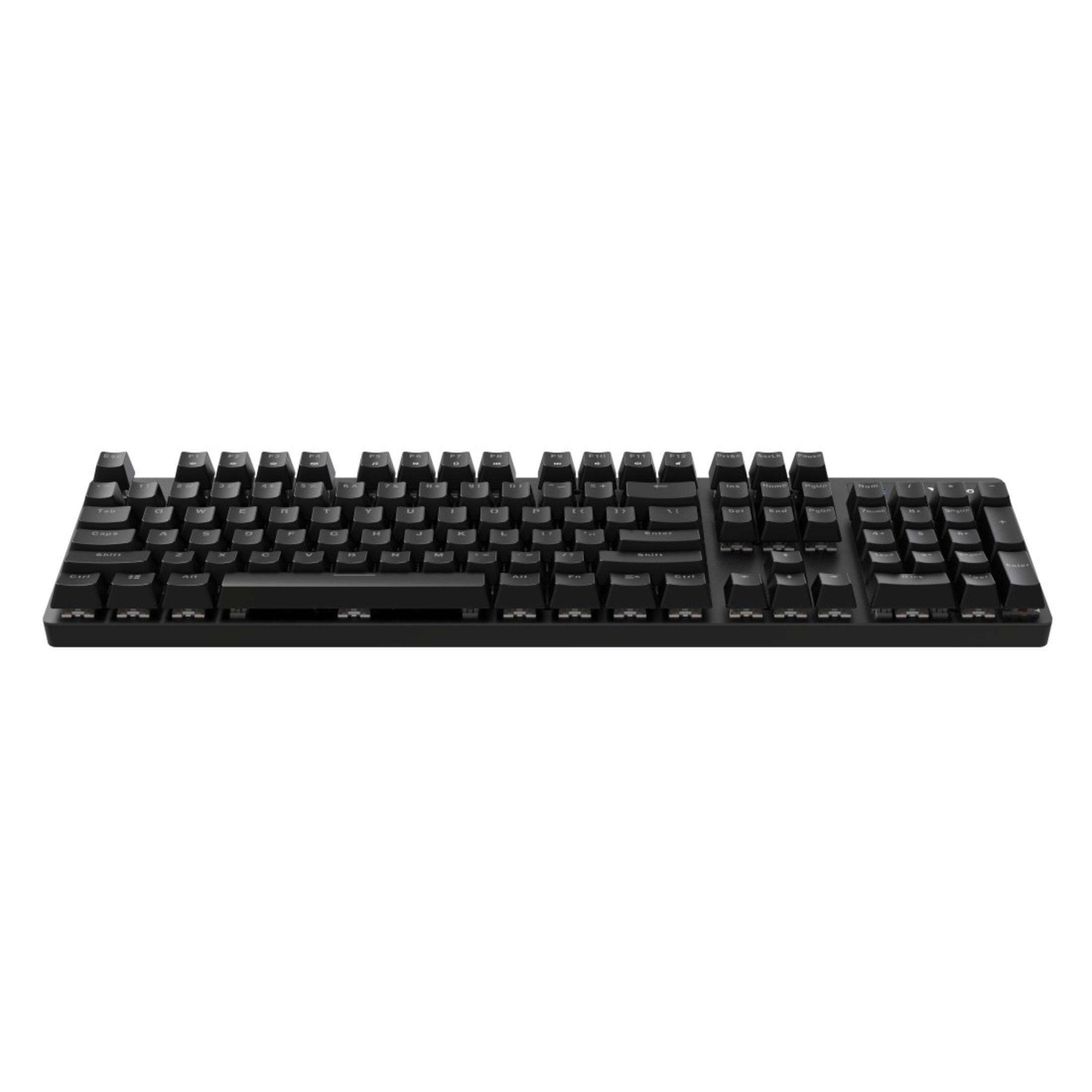 Teclado negro, todas las teclas visibles. Disposición estándar. Fondo blanco.