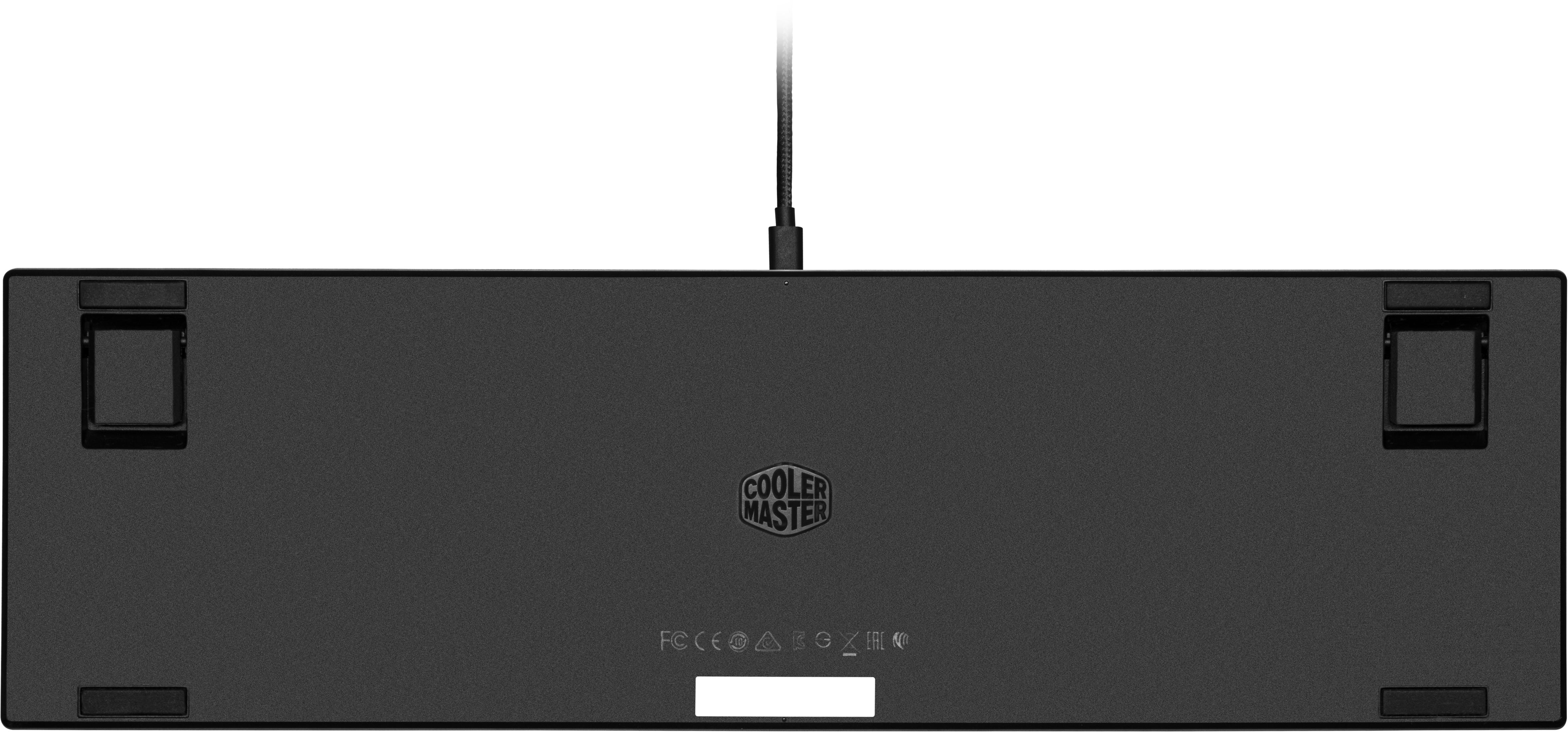Parte inferiore della tastiera nera con logo COOLER MASTER. Su sfondo bianco.