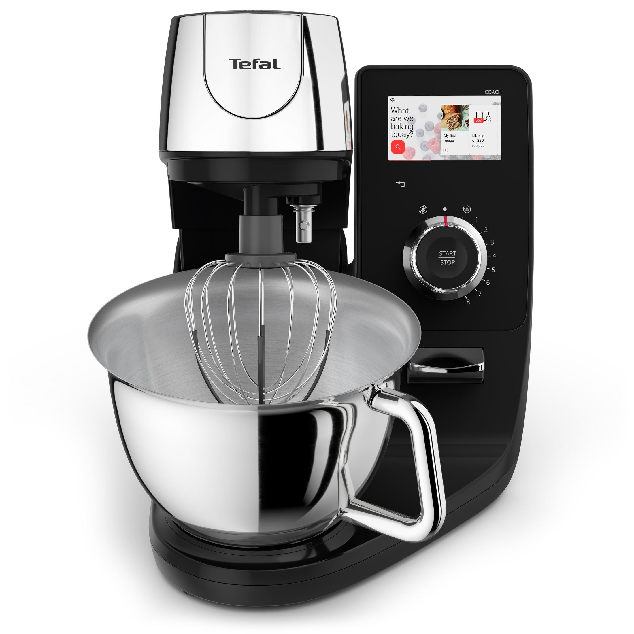 Eine schwarze Küchenmaschine mit silberner Schüssel und Touchscreen.