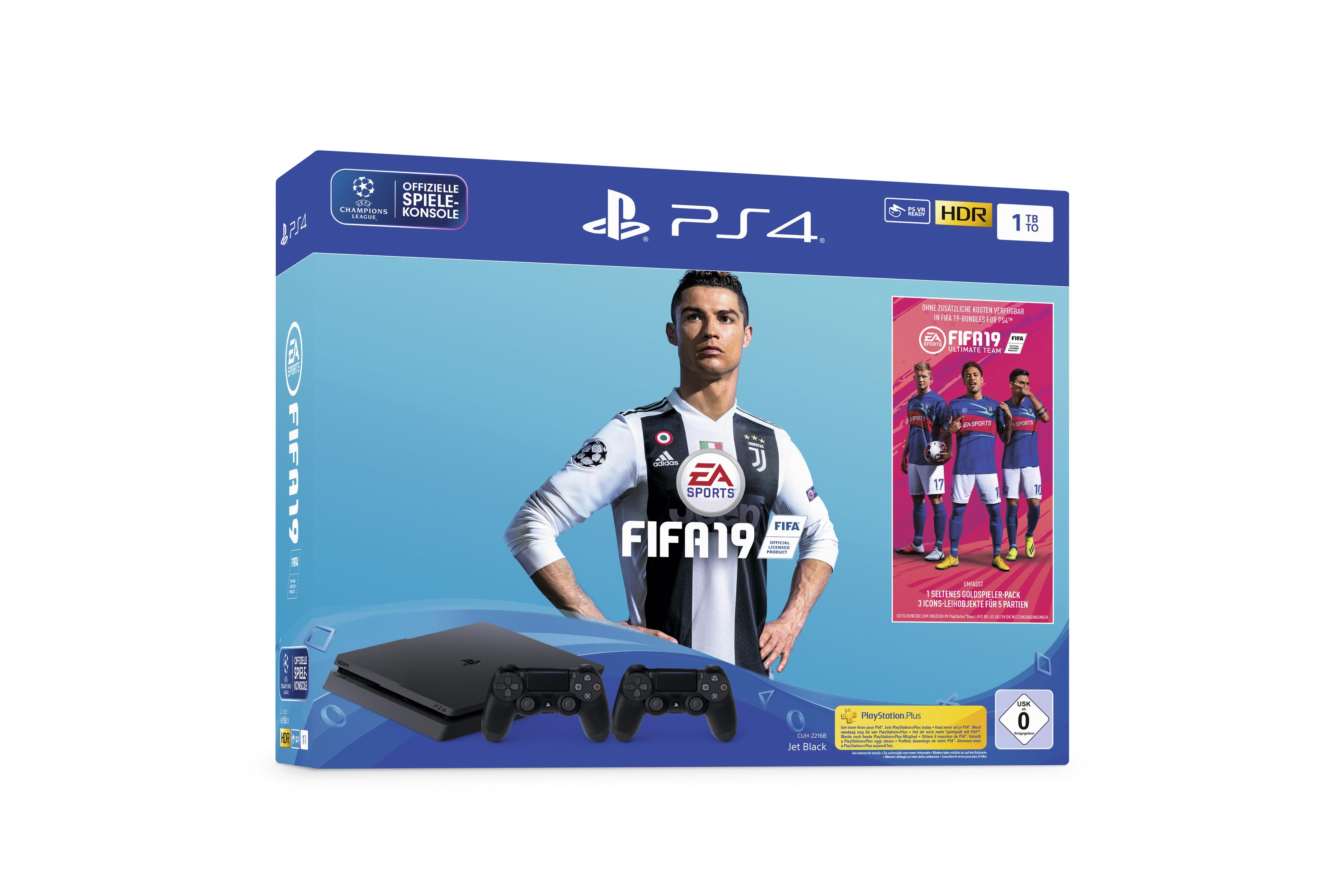 FIFA 19 PS4-Spielbox mit Ronaldo, Konsole und Controllern auf blauem Hintergrund.