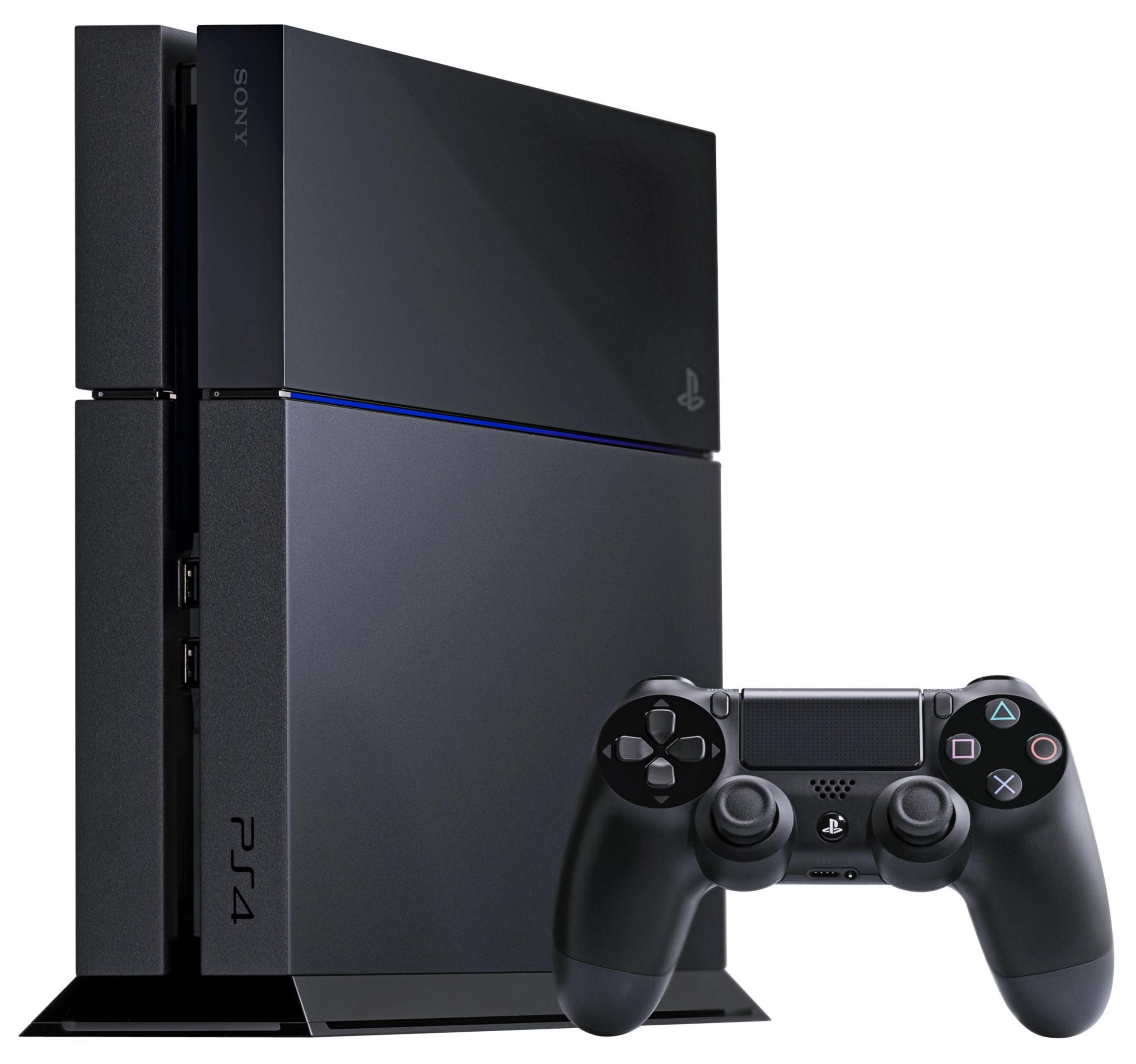 Schwarze PlayStation 4 mit passendem Controller auf weißem Hintergrund. Die Konsole ist sichtbar.