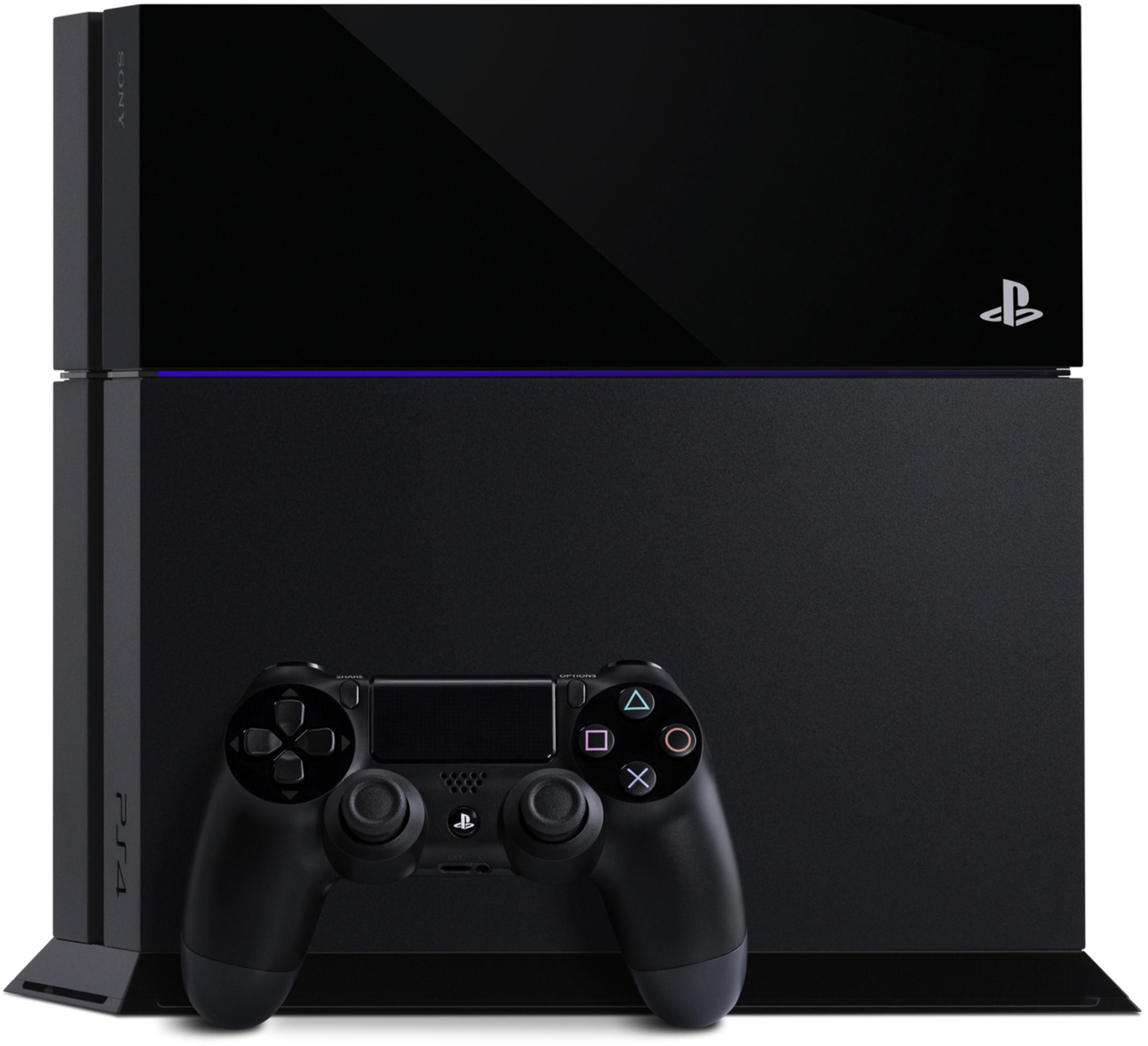 Schwarze PlayStation 4 Konsole mit schwarzem Controller davor.