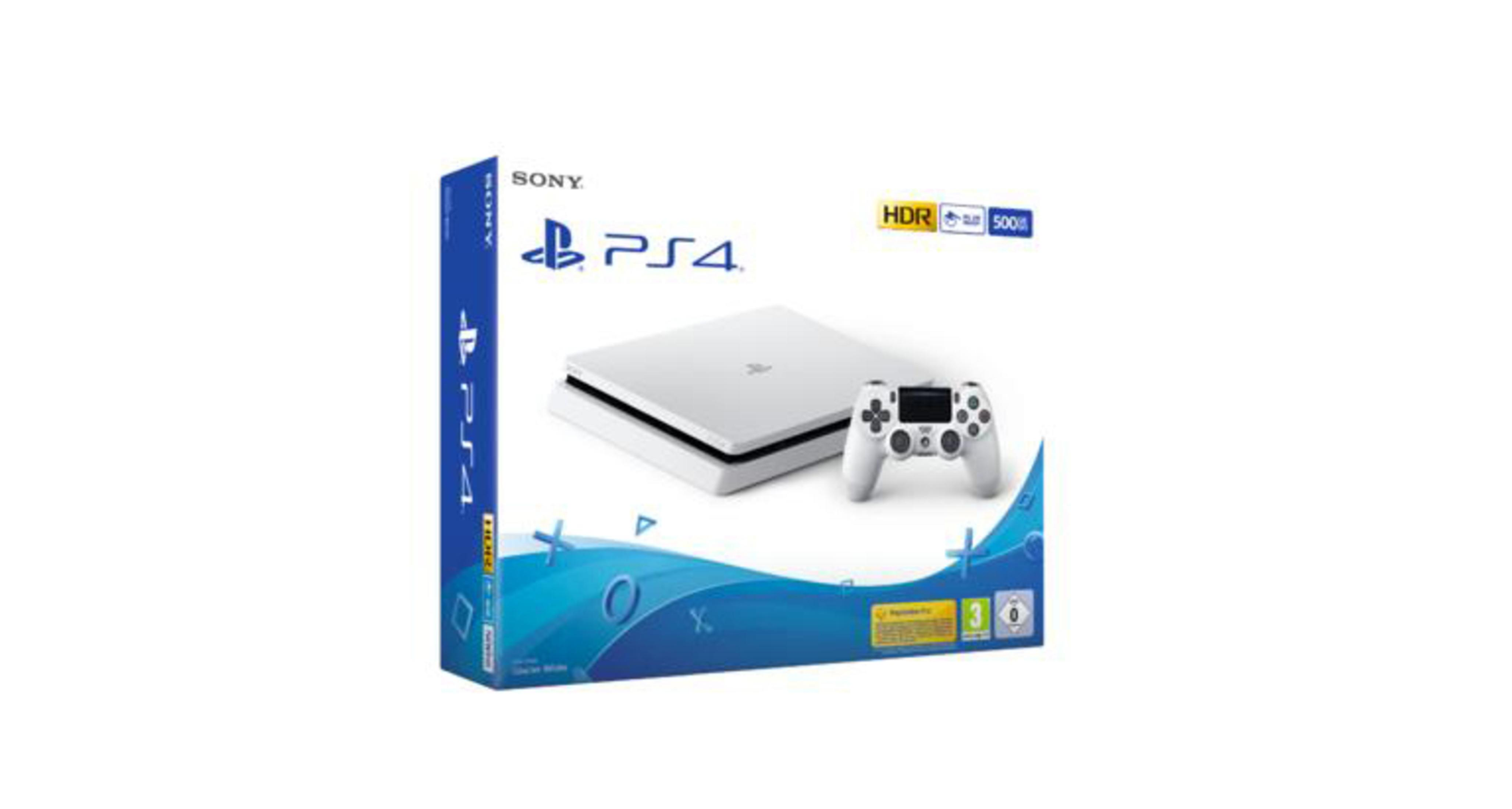 Weiße PS4-Konsole, Controller und Box mit blau-weißem Design.