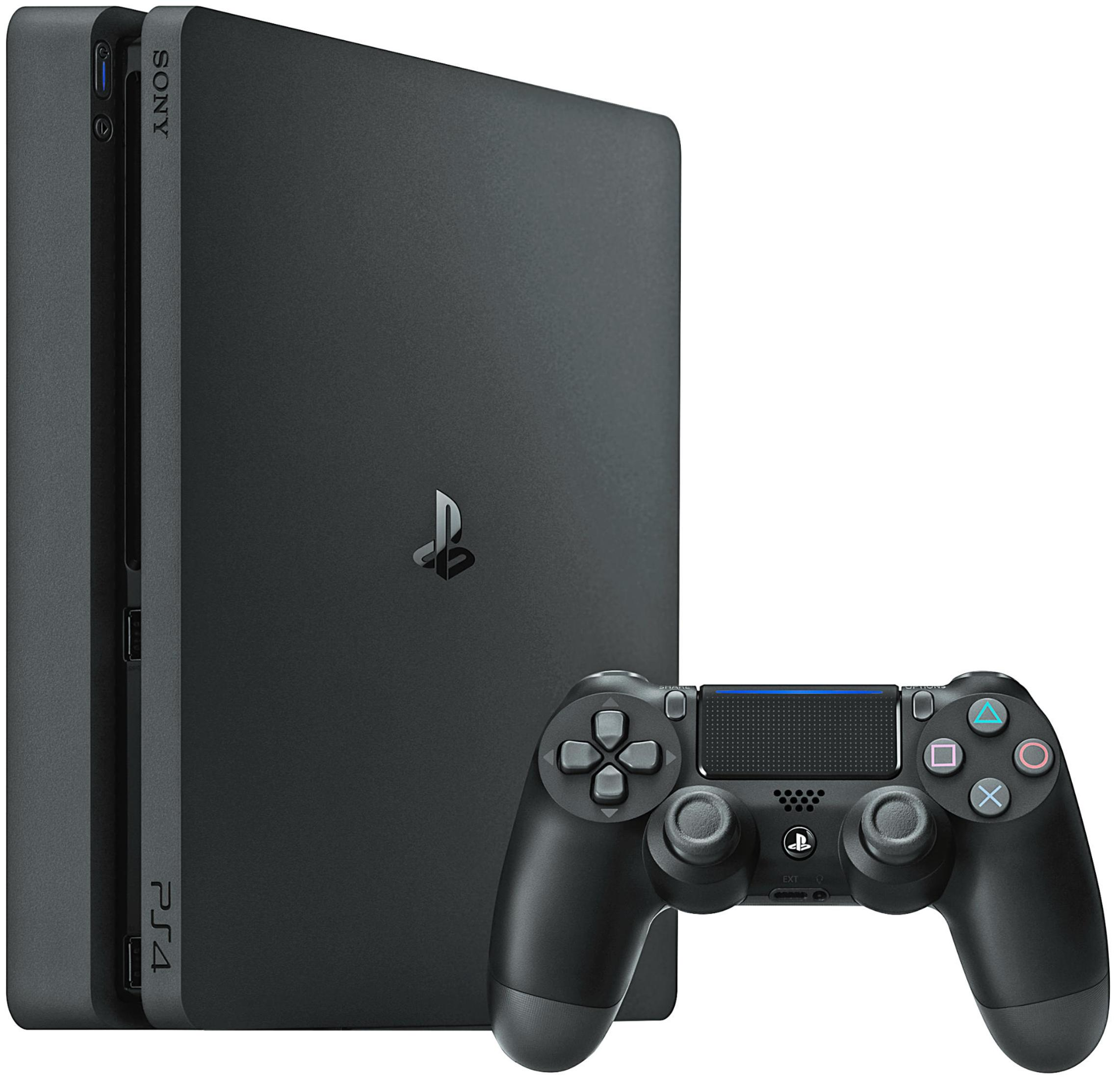 Schwarze PlayStation 4 Konsole und Controller. Der Controller befindet sich vor der Konsole.