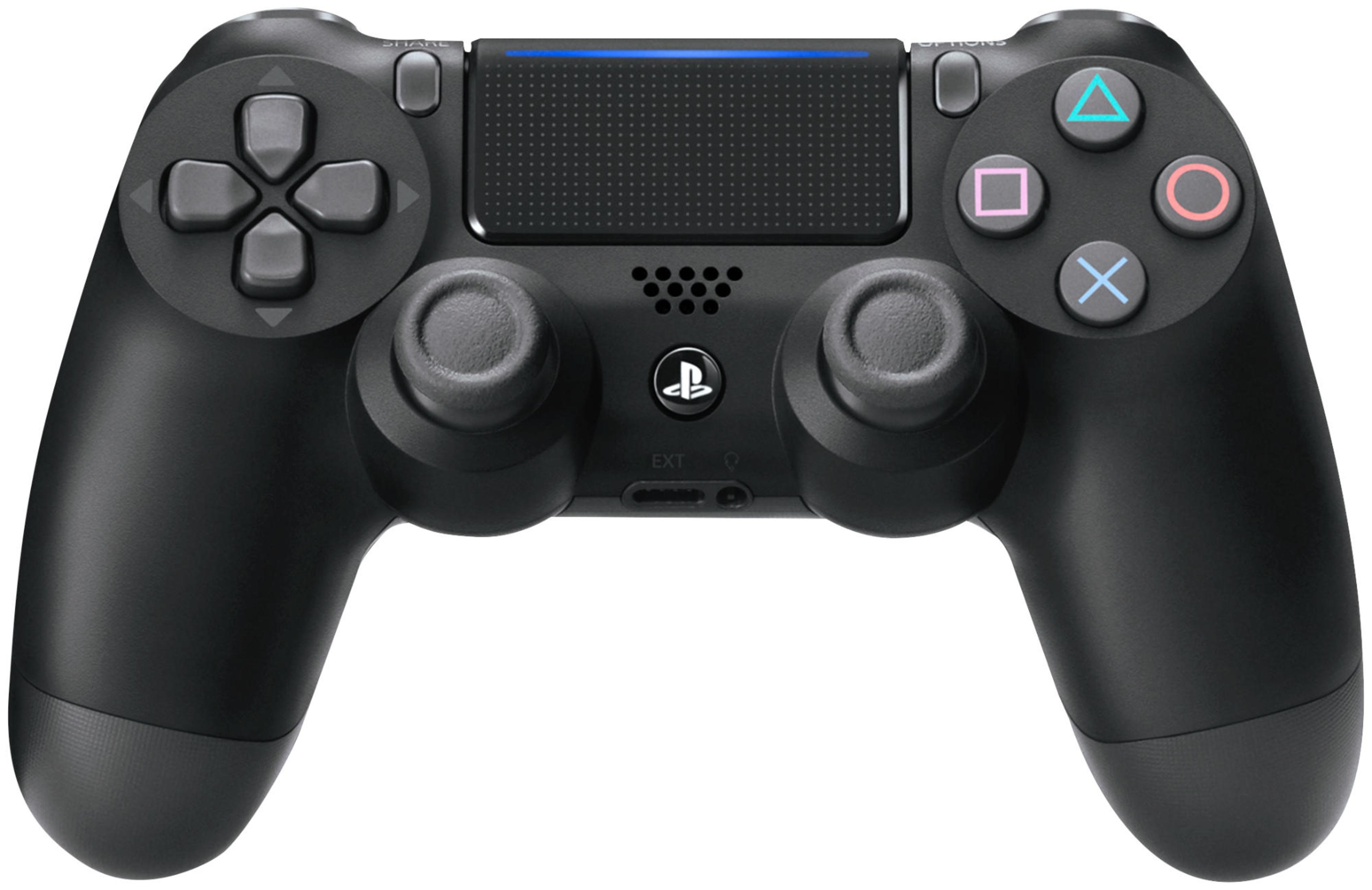 Schwarzer Playstation 4-Controller. Knöpfe und Joysticks sind sichtbar. Weißer Hintergrund.