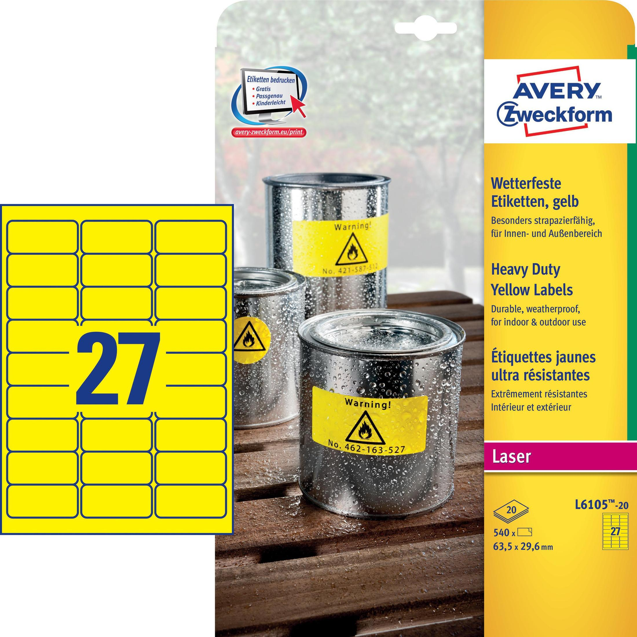 Avery-Etiketten mit gelben Etiketten und drei Dosen mit Warnhinweisen. Ein Holztisch.