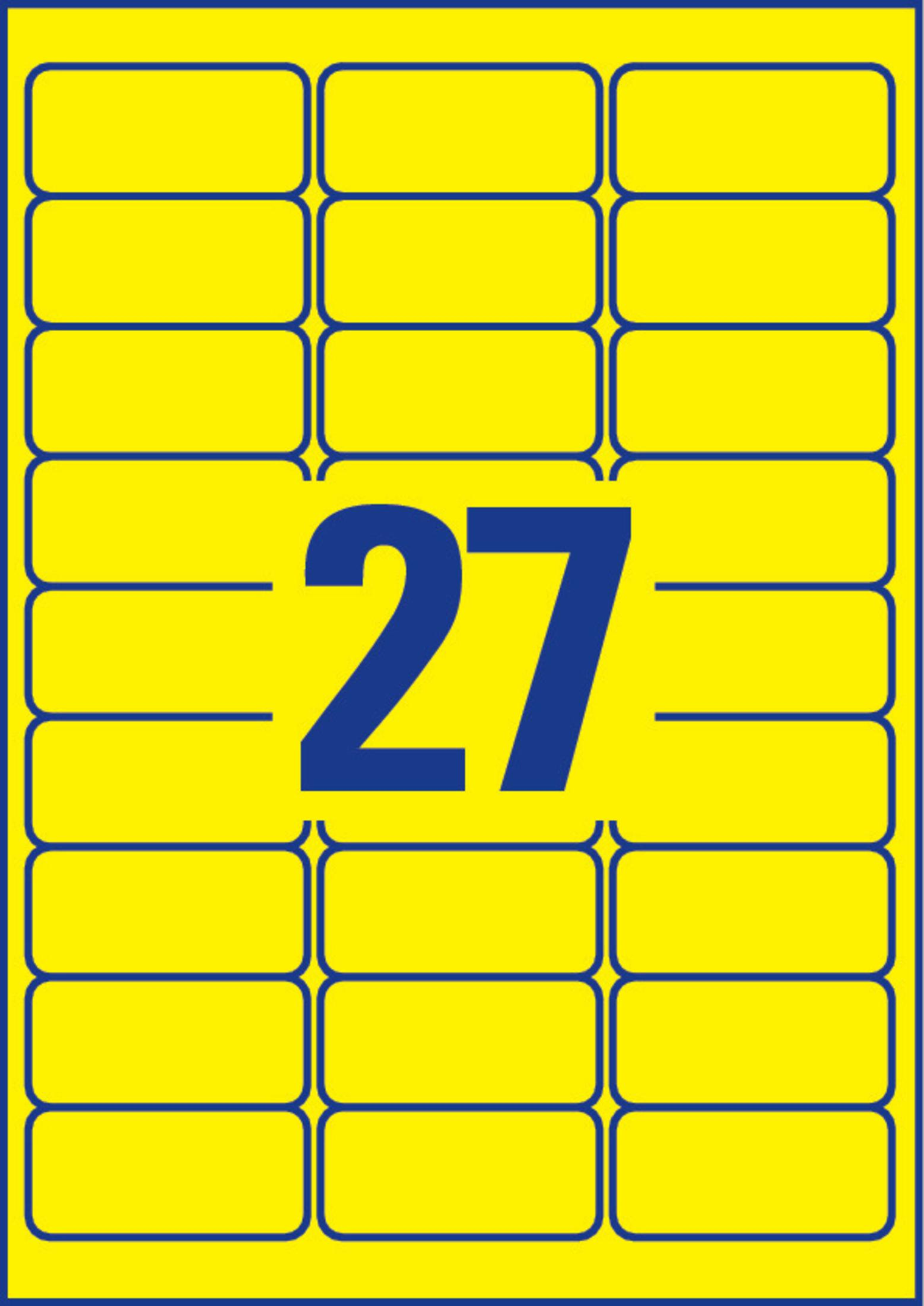 Ein Bogen gelber Etiketten mit blauen Rändern und der Zahl 27 in Blau gedruckt.
