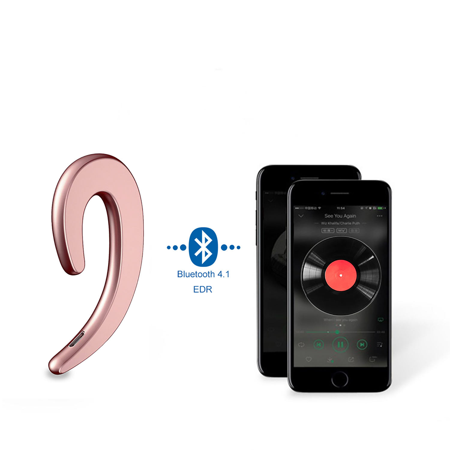 Auricolare Bluetooth oro rosa e due smartphone che mostrano l'interfaccia musicale.