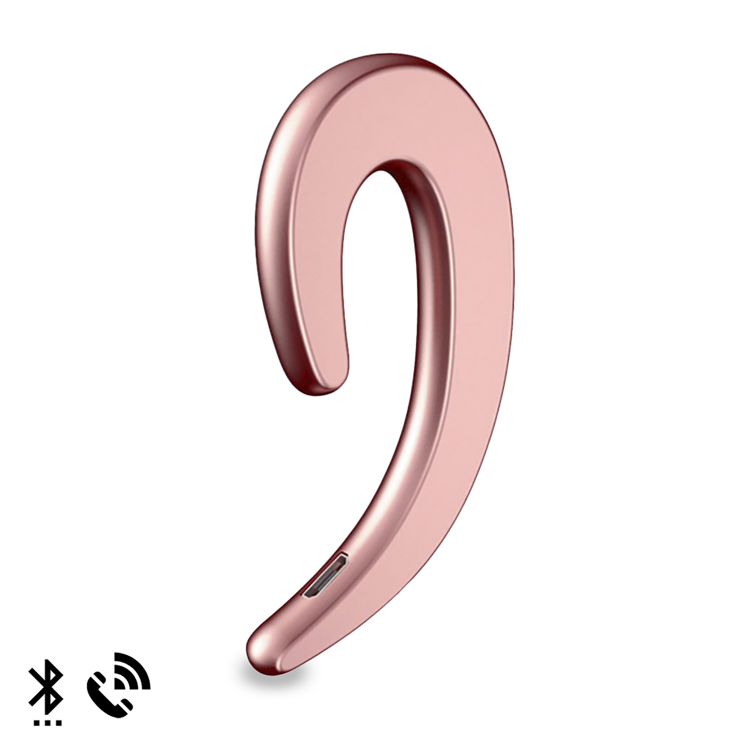 Un auricolare oro rosa, unilaterale con un design curvo, con simboli Bluetooth e chiamata telefonica alla base.