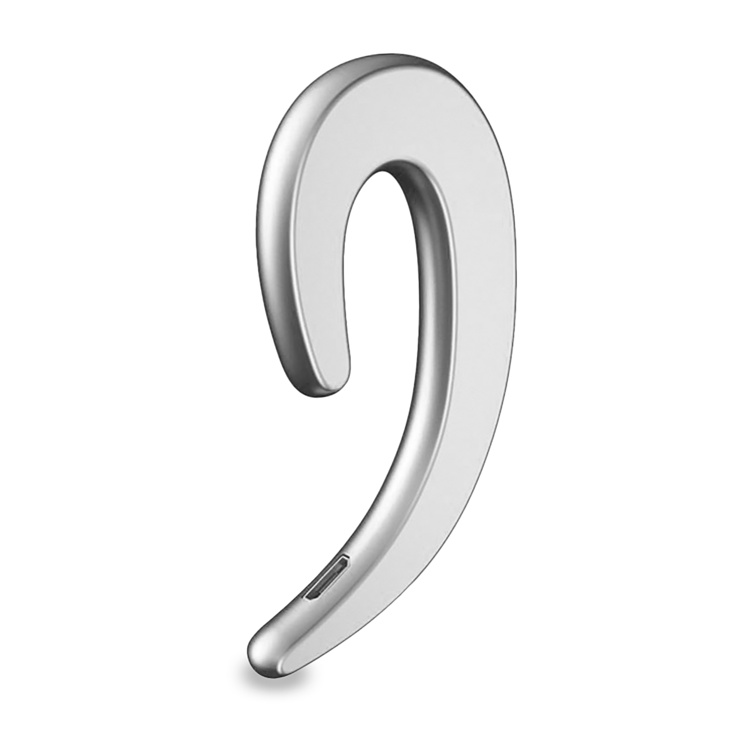 Cuffia Bluetooth argento a gancio. Ha un design curvo.