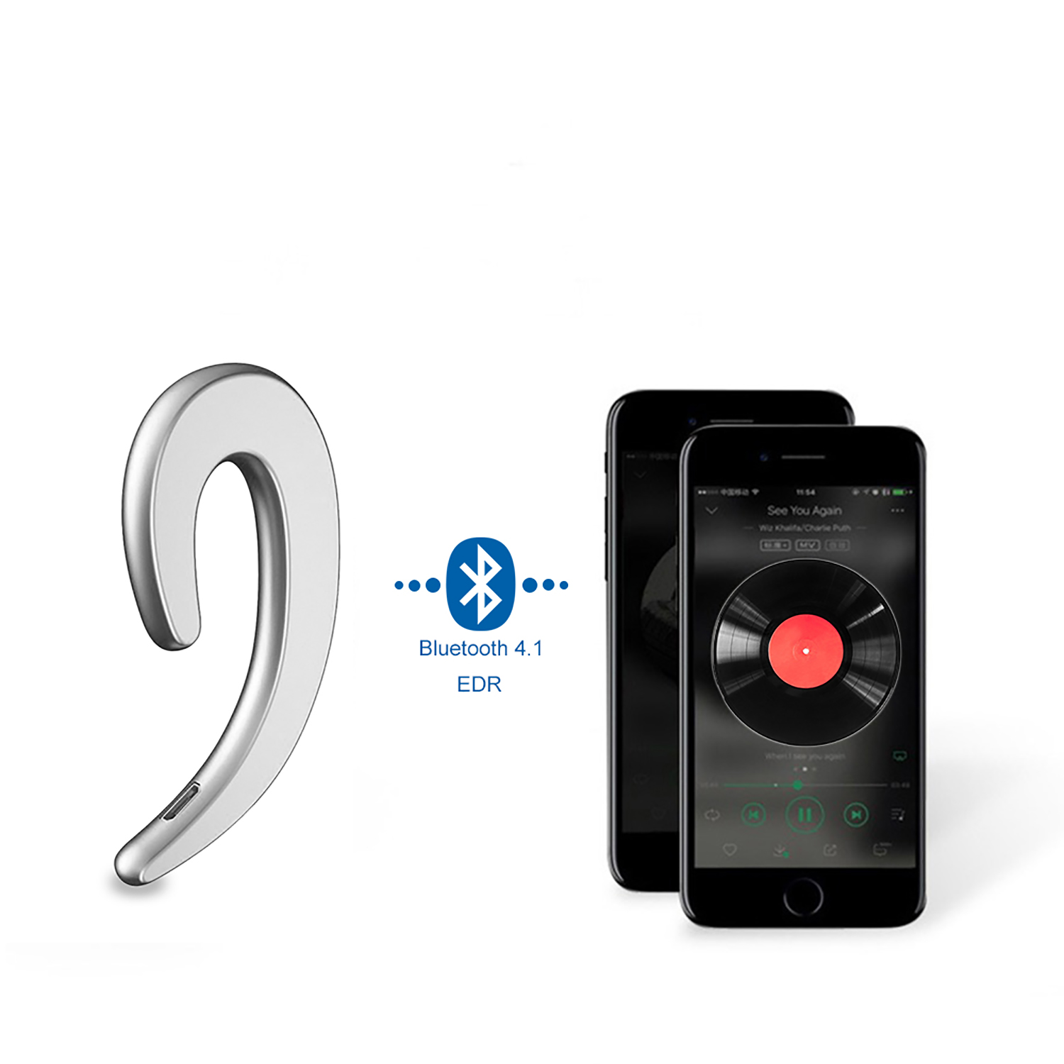 Auricolare argentato con la parola 'Bluetooth' e un telefono cellulare con un'interfaccia musicale sullo schermo.
