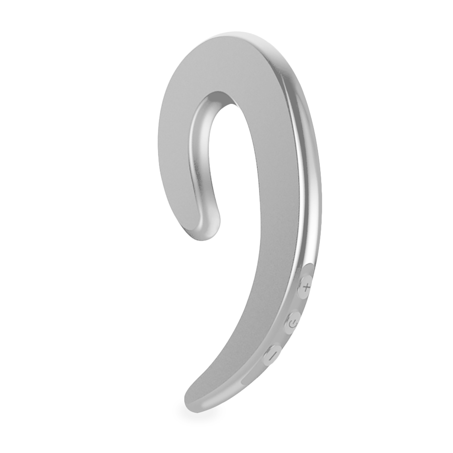 Gancio auricolare Bluetooth argento, progettato per essere indossato attorno all'orecchio, con tre pulsanti.