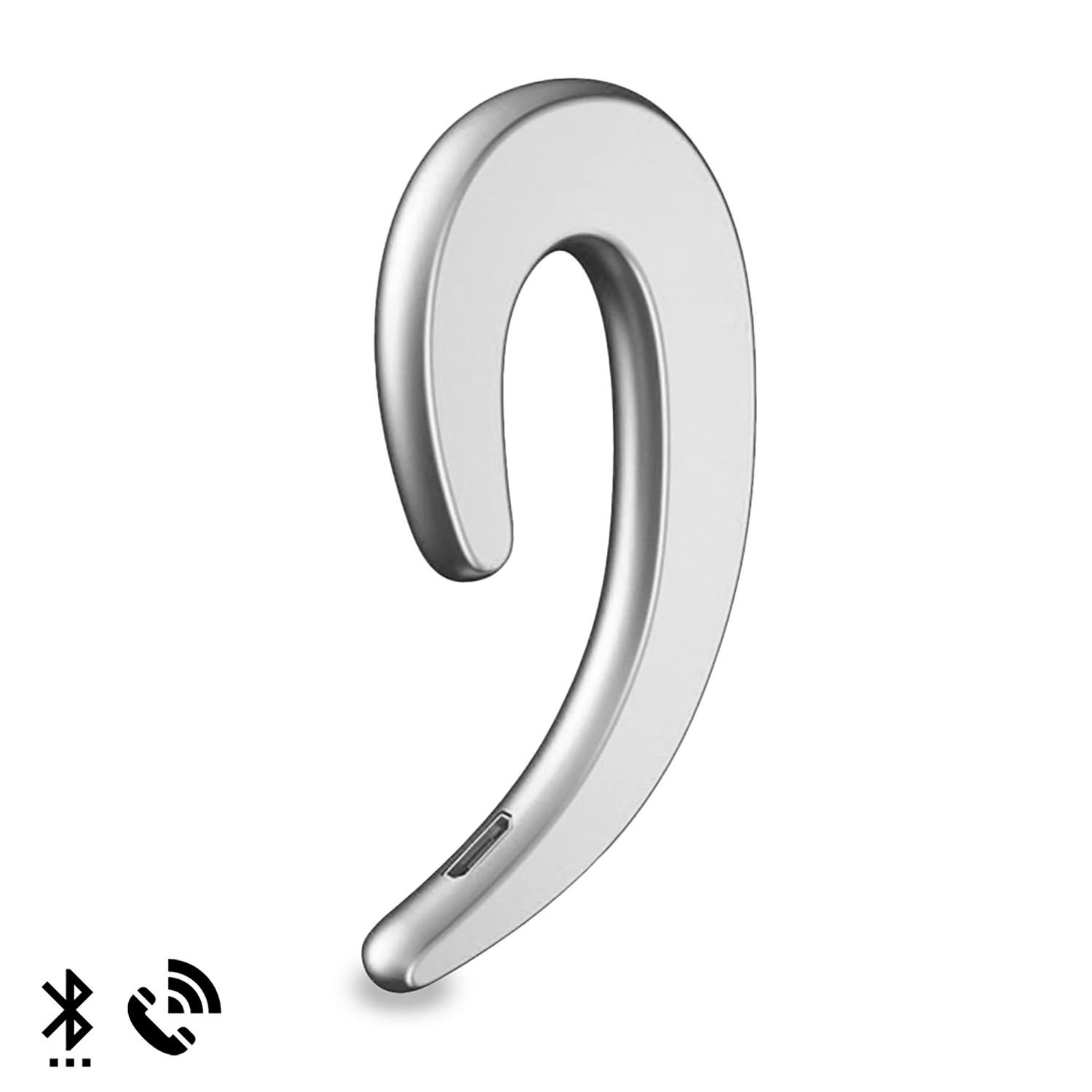 Auricolare argento, icone Bluetooth e chiamata sotto, sfondo bianco.