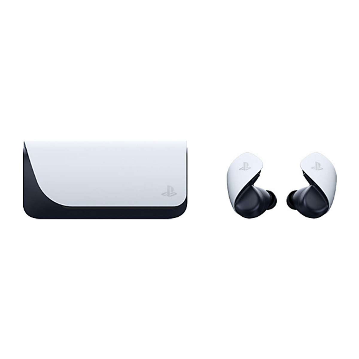 Weißes Ladecase und schwarze Ohrhörer mit PlayStation-Logo, weißer Hintergrund.