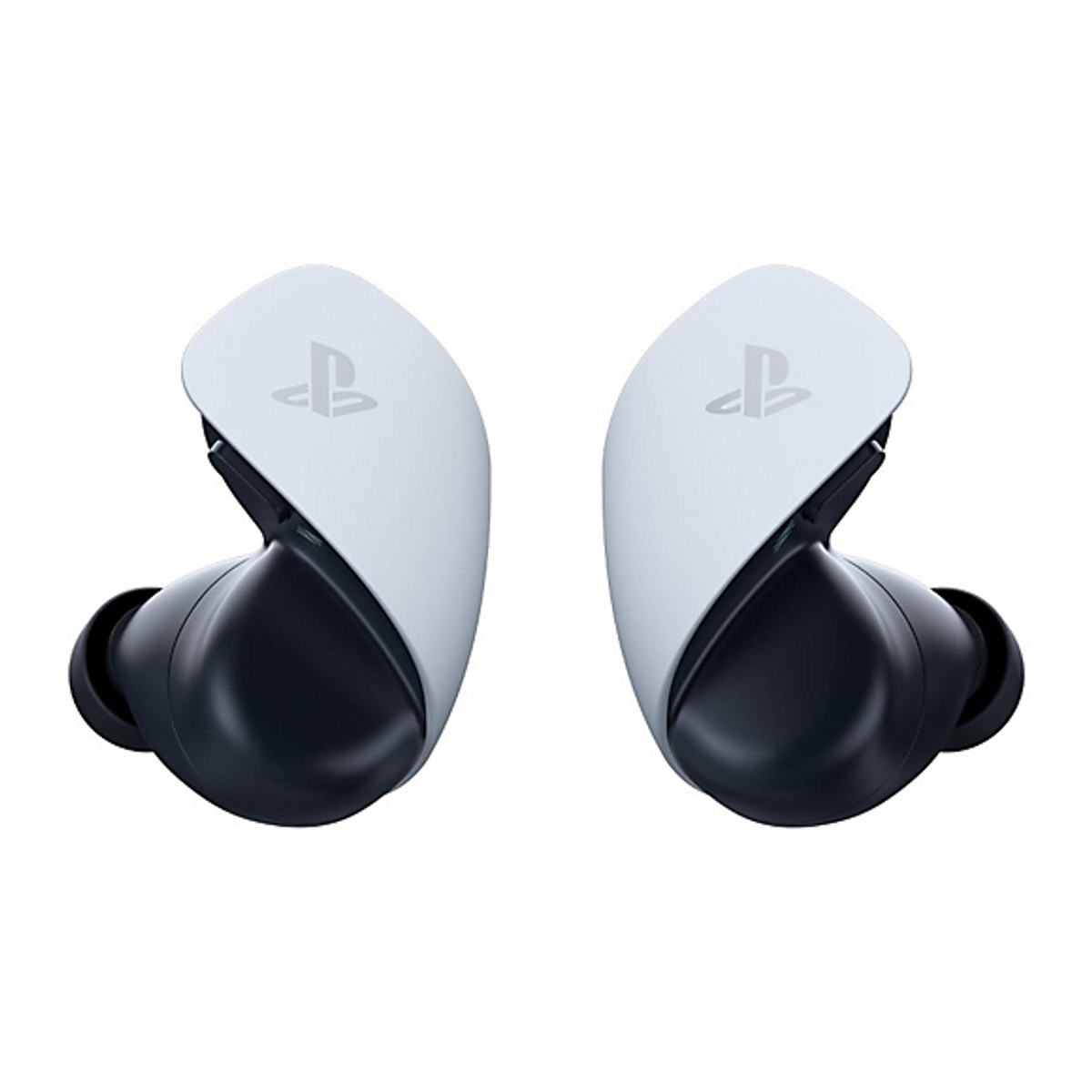 Schwarz-weiße PlayStation 5 Ohrhörer. Weißer Hintergrund. Schwarze Ohrstöpsel und weißes Gehäuse.