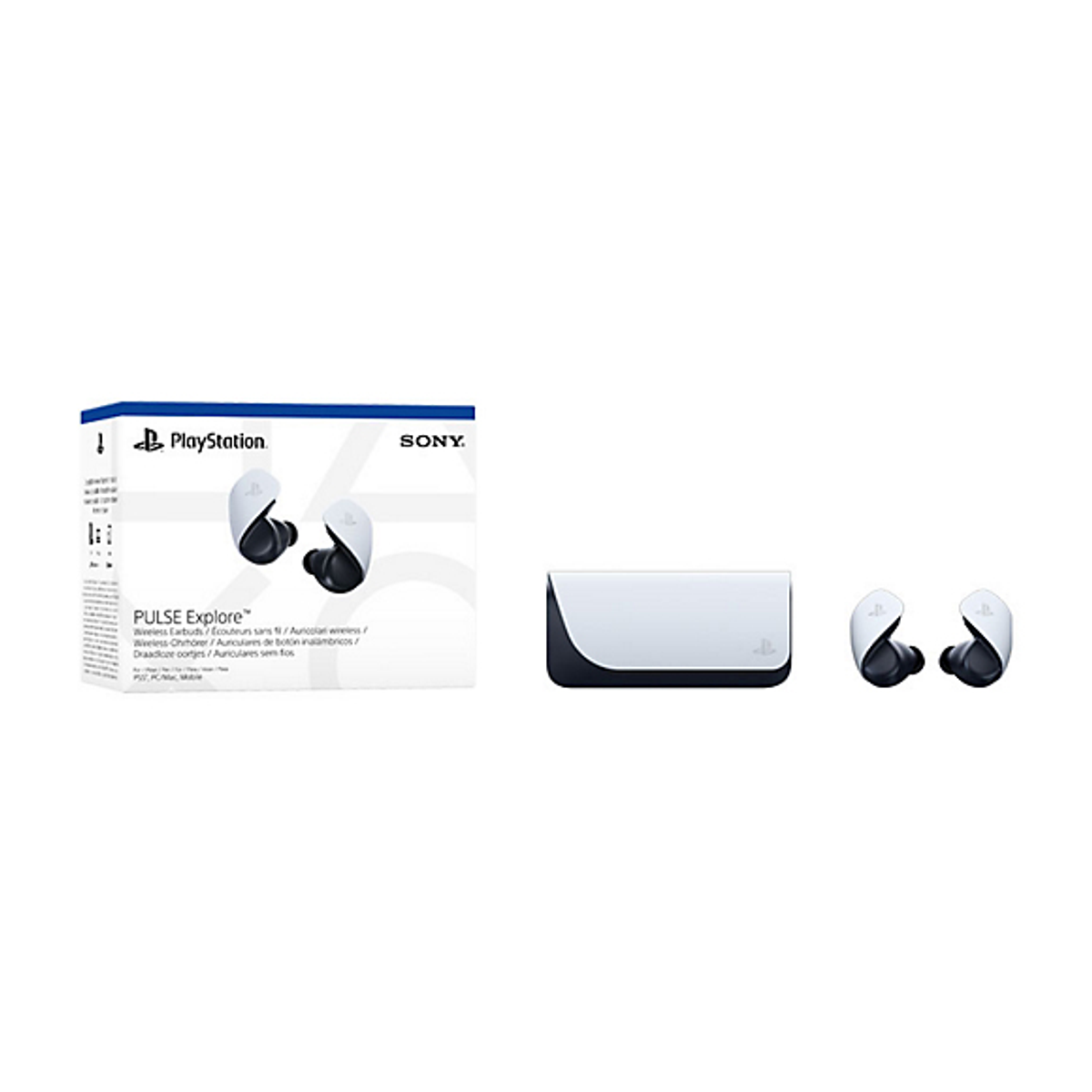Eine Box und ein Ladecase mit Ohrhörern. Die Box hat 'PlayStation' und 'SONY' Aufschriften. Ohrhörer sind sichtbar.