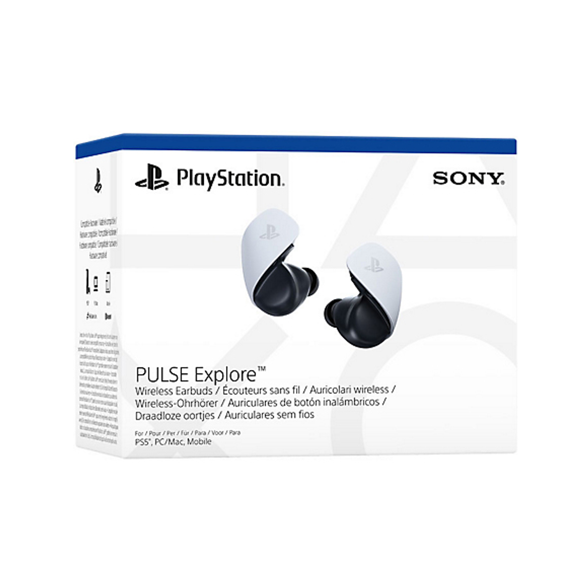 Sony PlayStation Pulse Explore Ohrhörer-Box. Weiß und blau. Ohrhörer-Abbildung und Branding sichtbar.
