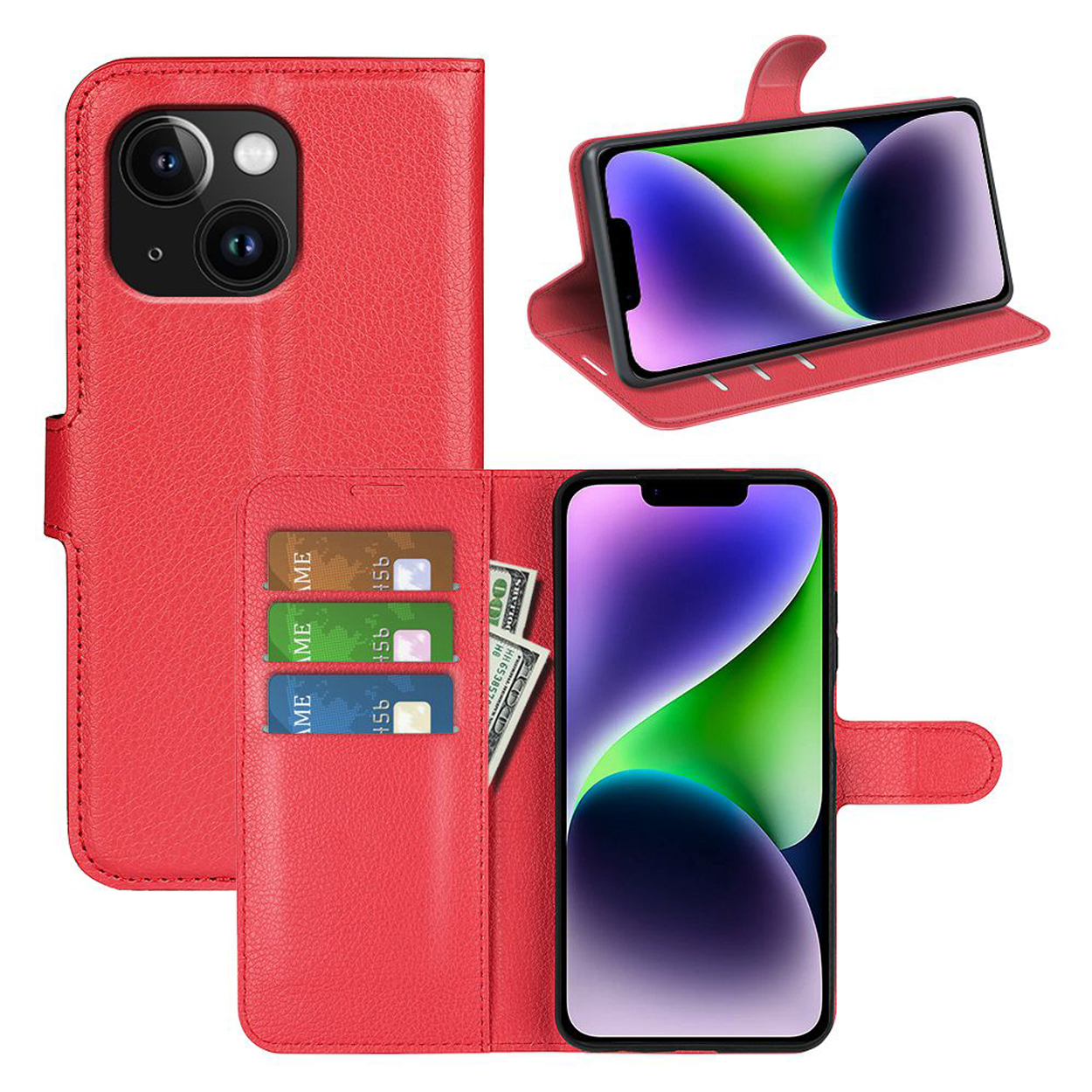 Red leather phone case, open. Shows phone with cards and money. Also shows stand function.
