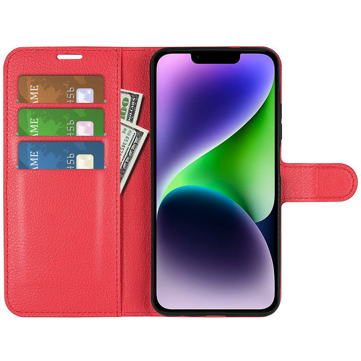 Red leather phone case open. Cards and money on left, iPhone with colorful display on right.