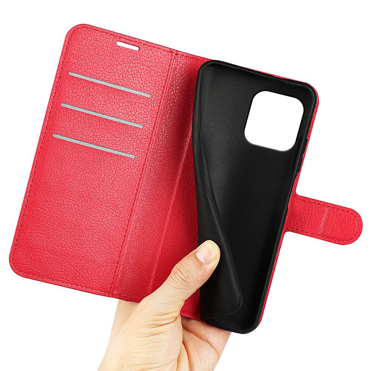 Red leather phone case, open. Hand holding it, with card slots visible.