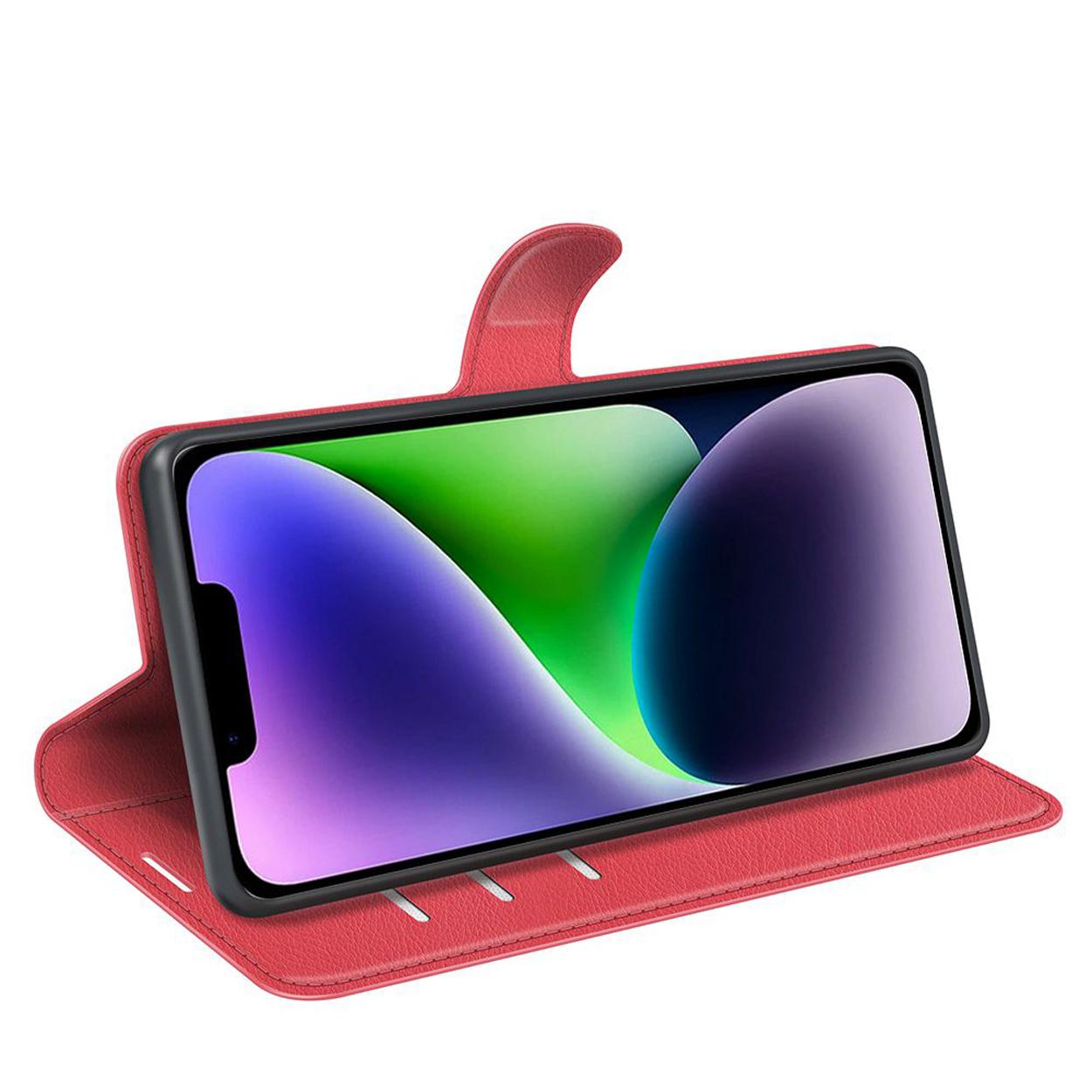 Red phone case open with a phone. Phone has a green and blue screen. White background.