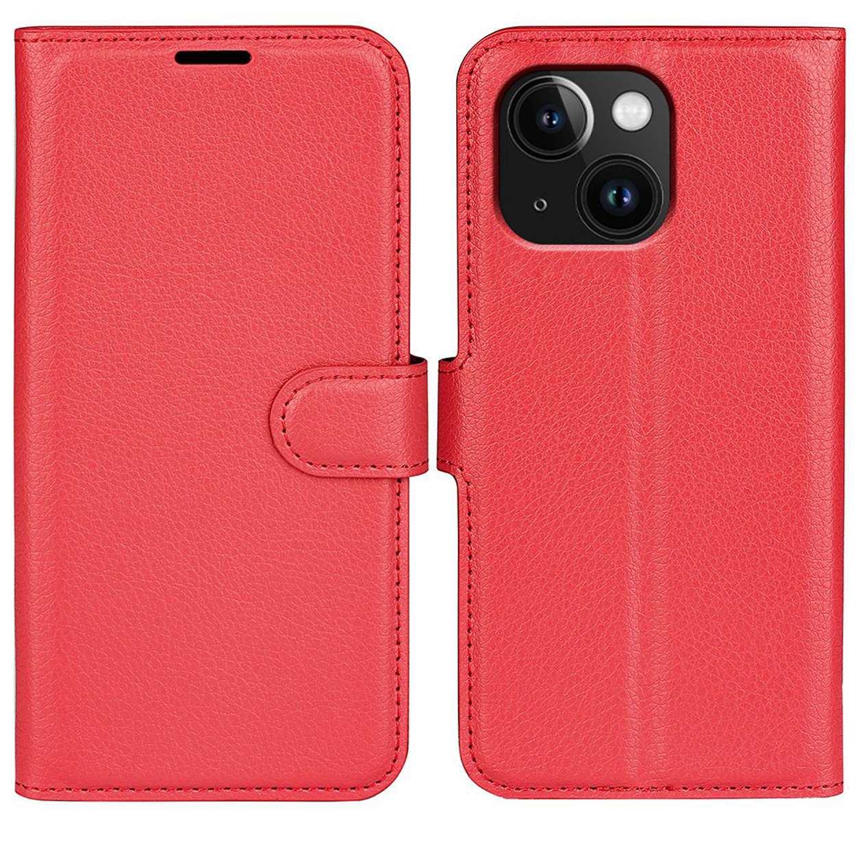 Red leather phone case, open and closed. Features a magnetic clasp and a smooth surface.