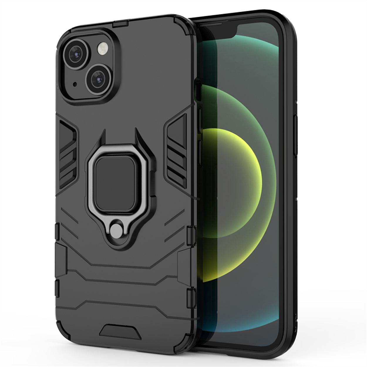 Black phone case with ring holder and phone inside.