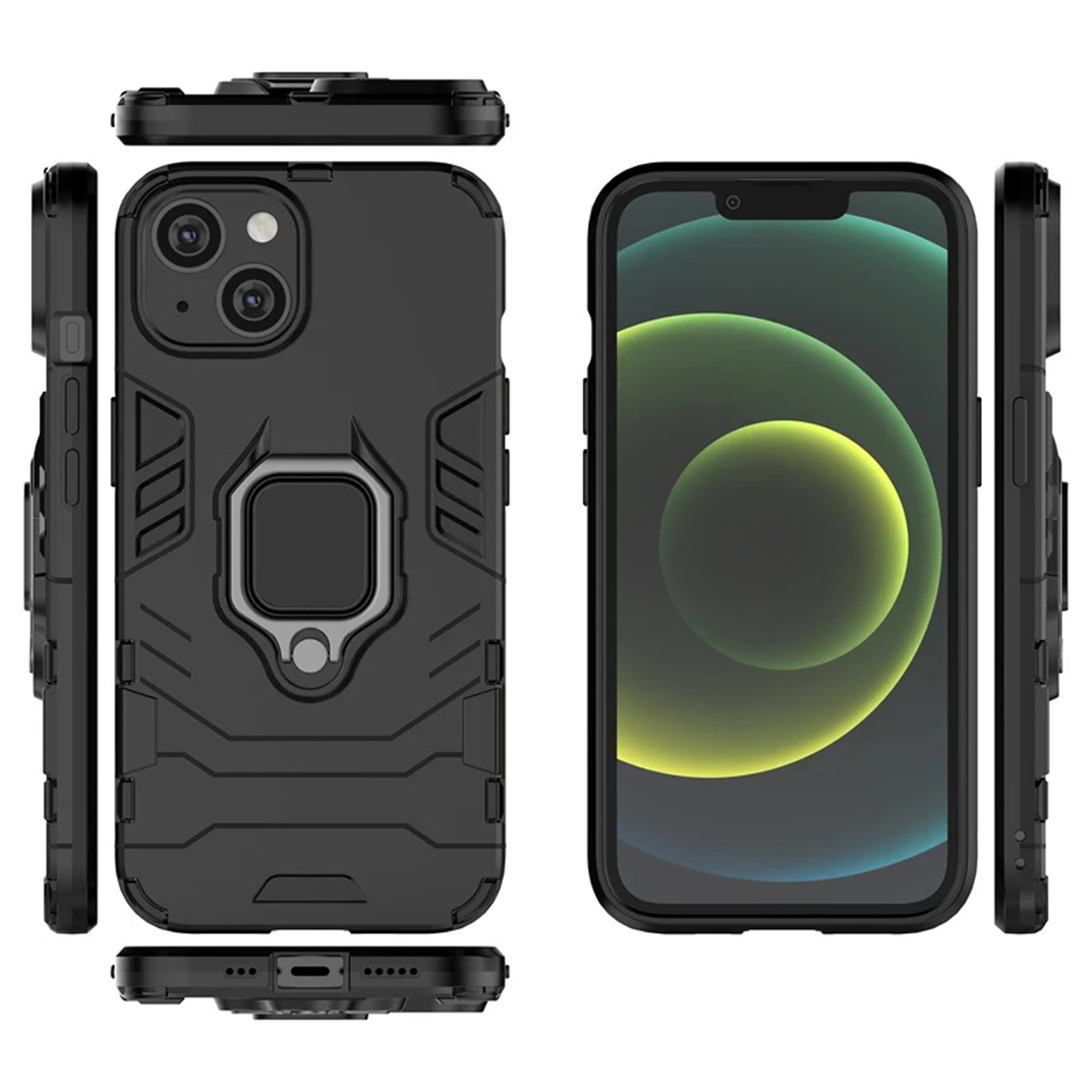Black phone case with a phone. Multiple views of the case, with a ring holder, and camera protection.