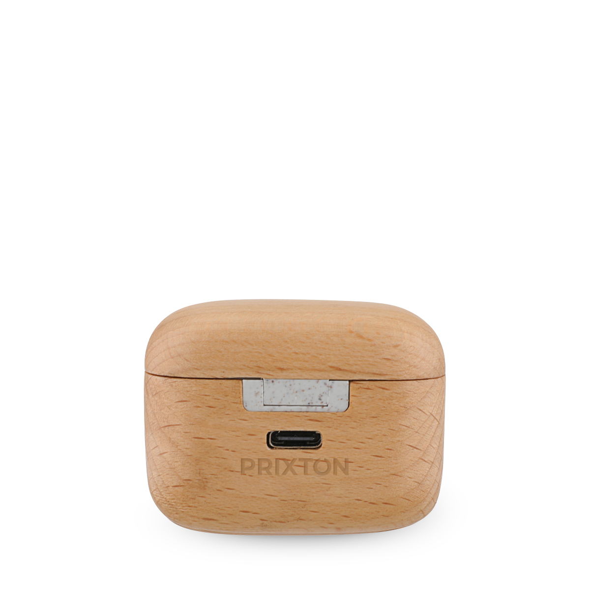 Un estuche de carga de madera para auriculares, con el nombre de la marca impreso en el frente.