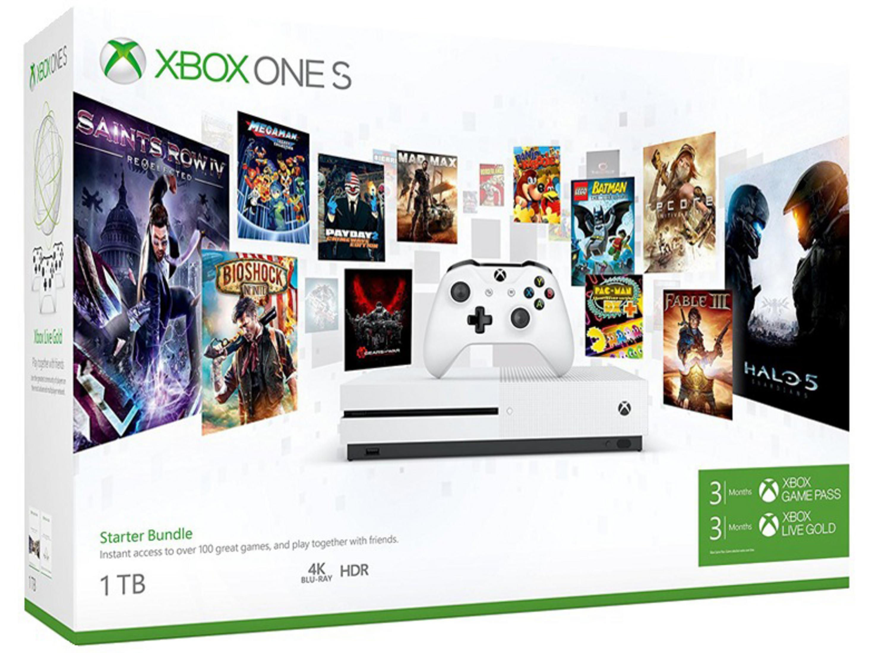 Xbox One S Spiel-Bundle, mit Spielboxen und einem weißen Controller.
