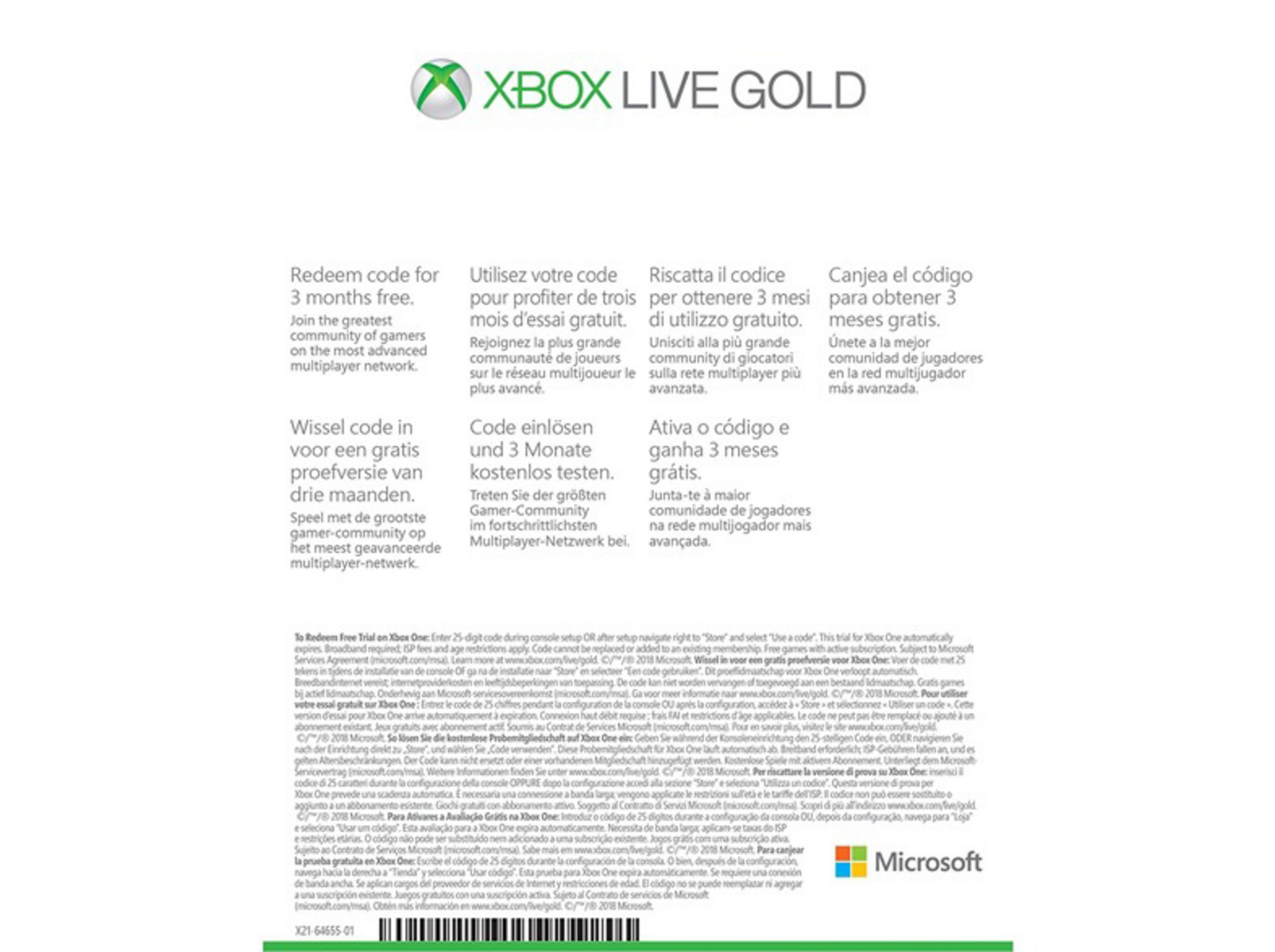 Ein bedrucktes Papier mit Text in mehreren Sprachen, das einen Xbox Live Gold-Code bewirbt.