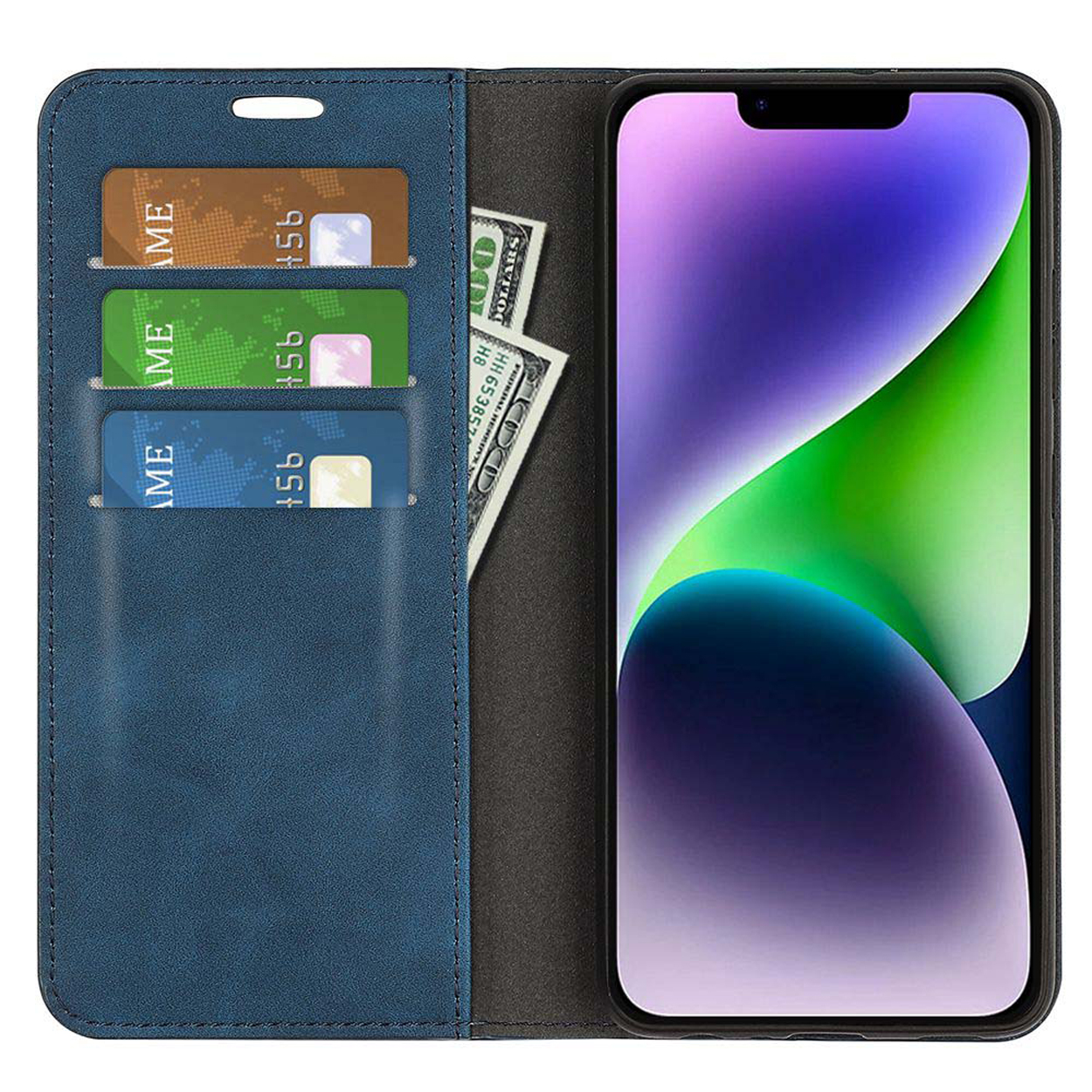 Blue phone case with a smartphone and some credit cards. There's a view of cash inside.