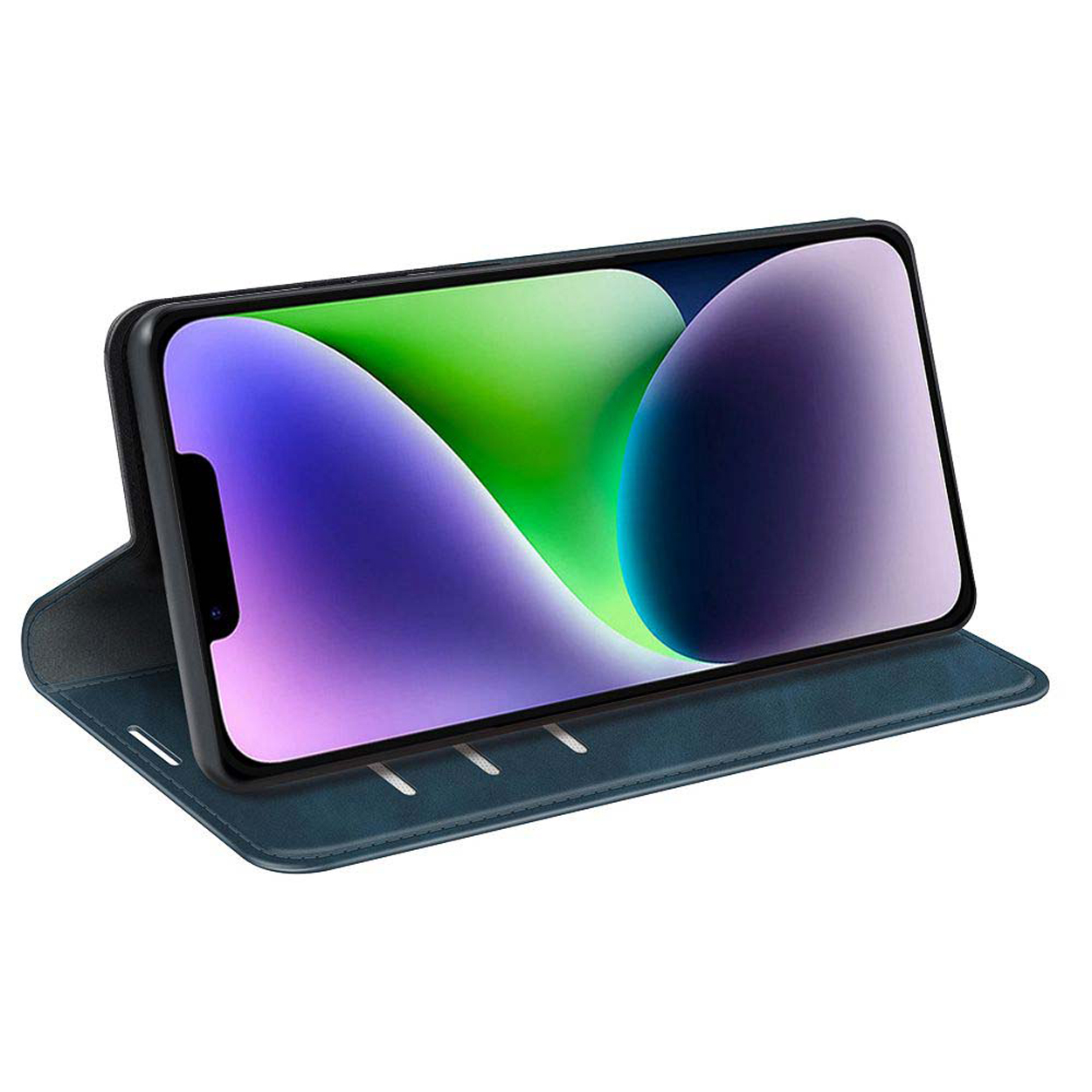 Phone in a blue case. Screen displays green and purple abstract design. Case is standing.