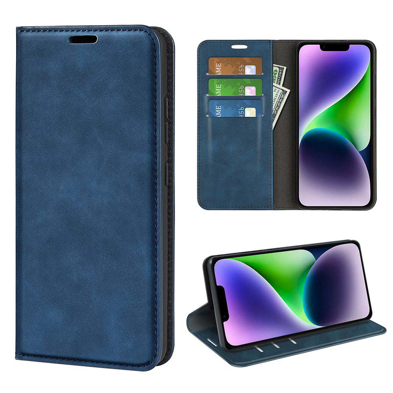 Blue phone case with phone and cards inside, and phone in landscape.
