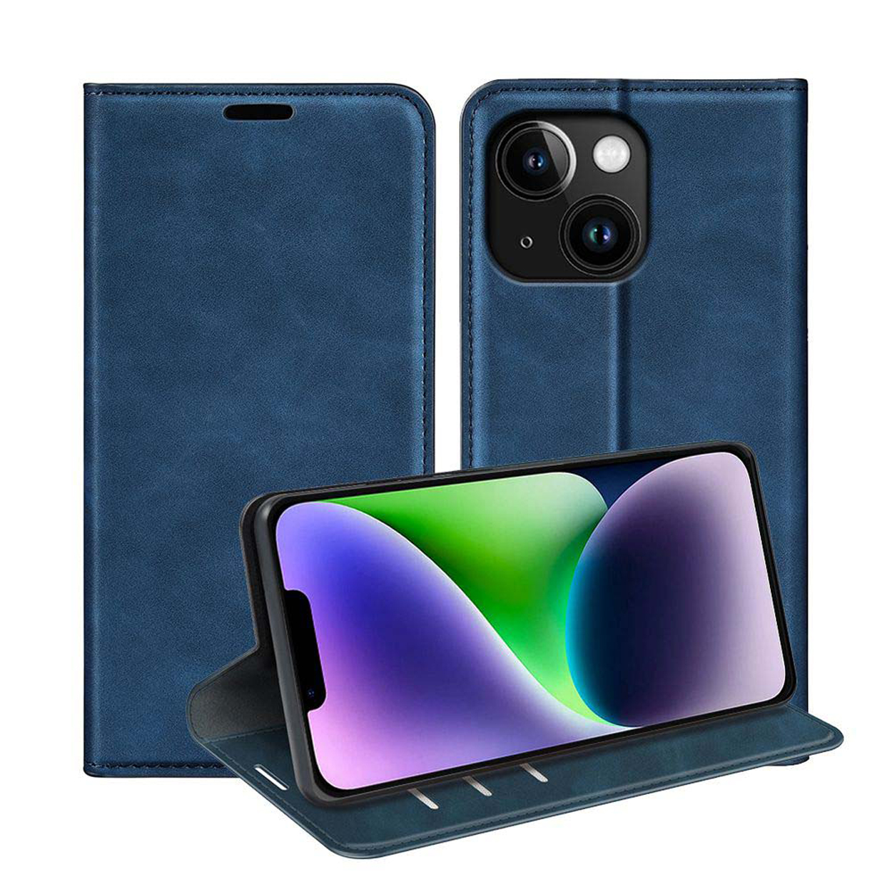 Blue phone case, open, with a phone inside, also showing the phone used as a stand.
