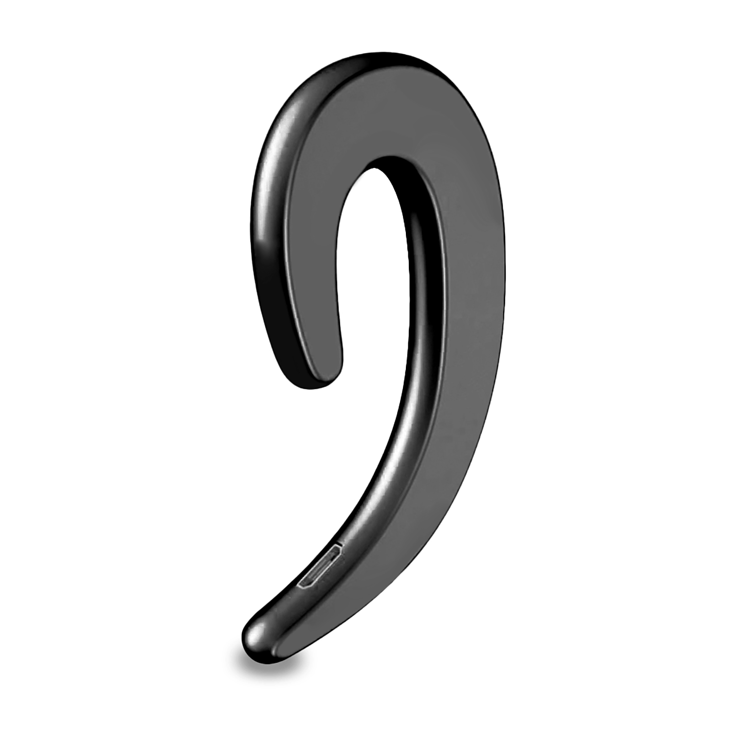 Auricolare nero, forma curva, progettato per essere agganciato sopra l'orecchio.