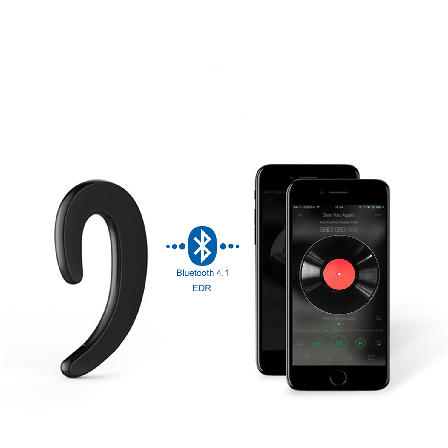 Un auricolare nero e due smartphone. Uno schermo mostra un'interfaccia musicale, l'altro è vuoto.